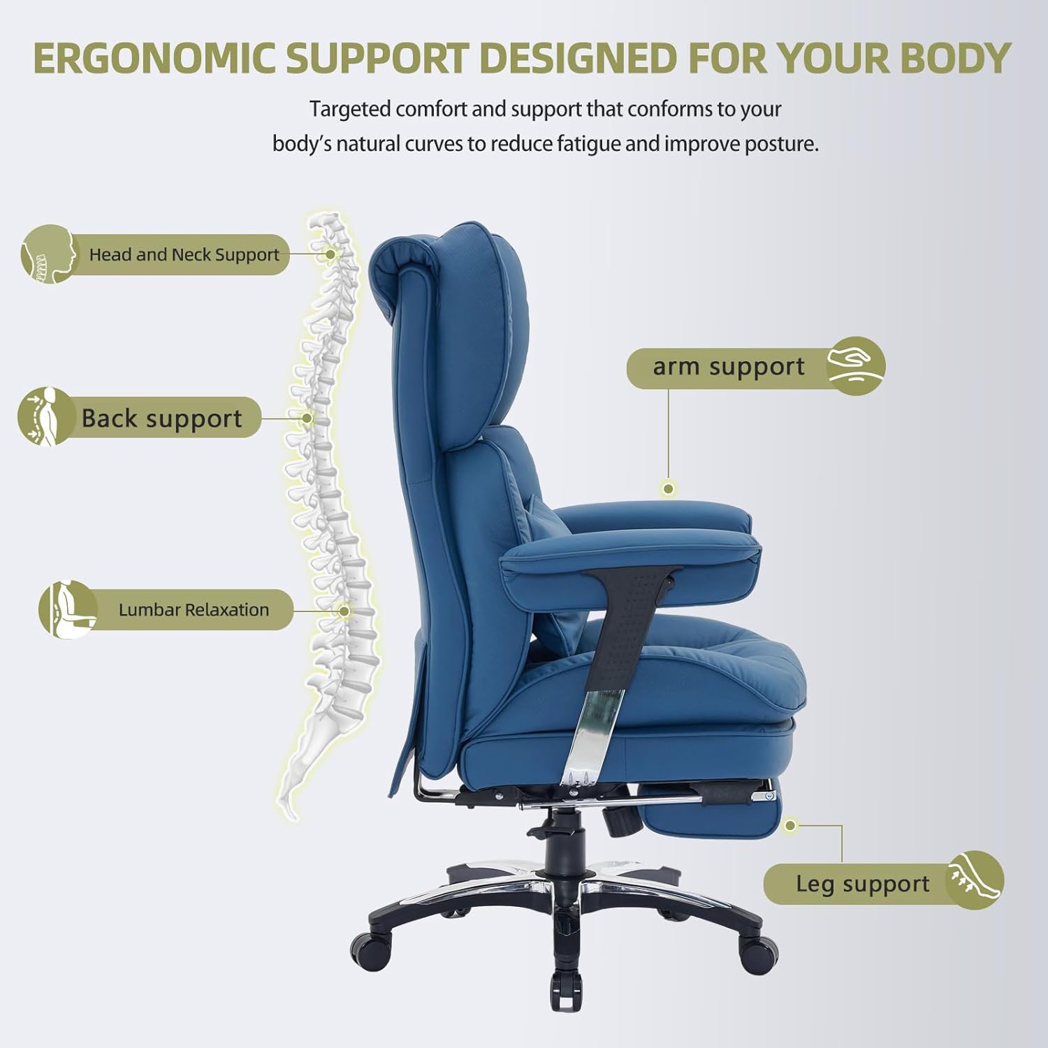Efomao Big and Tall Office Chair with Footrest – High Back Computer Chair with Adjustable Armrests，Executive Office Chair with Wide Seat, Modern Desk Chair for Home Office, Gaming, or Study, Blue - Image 6