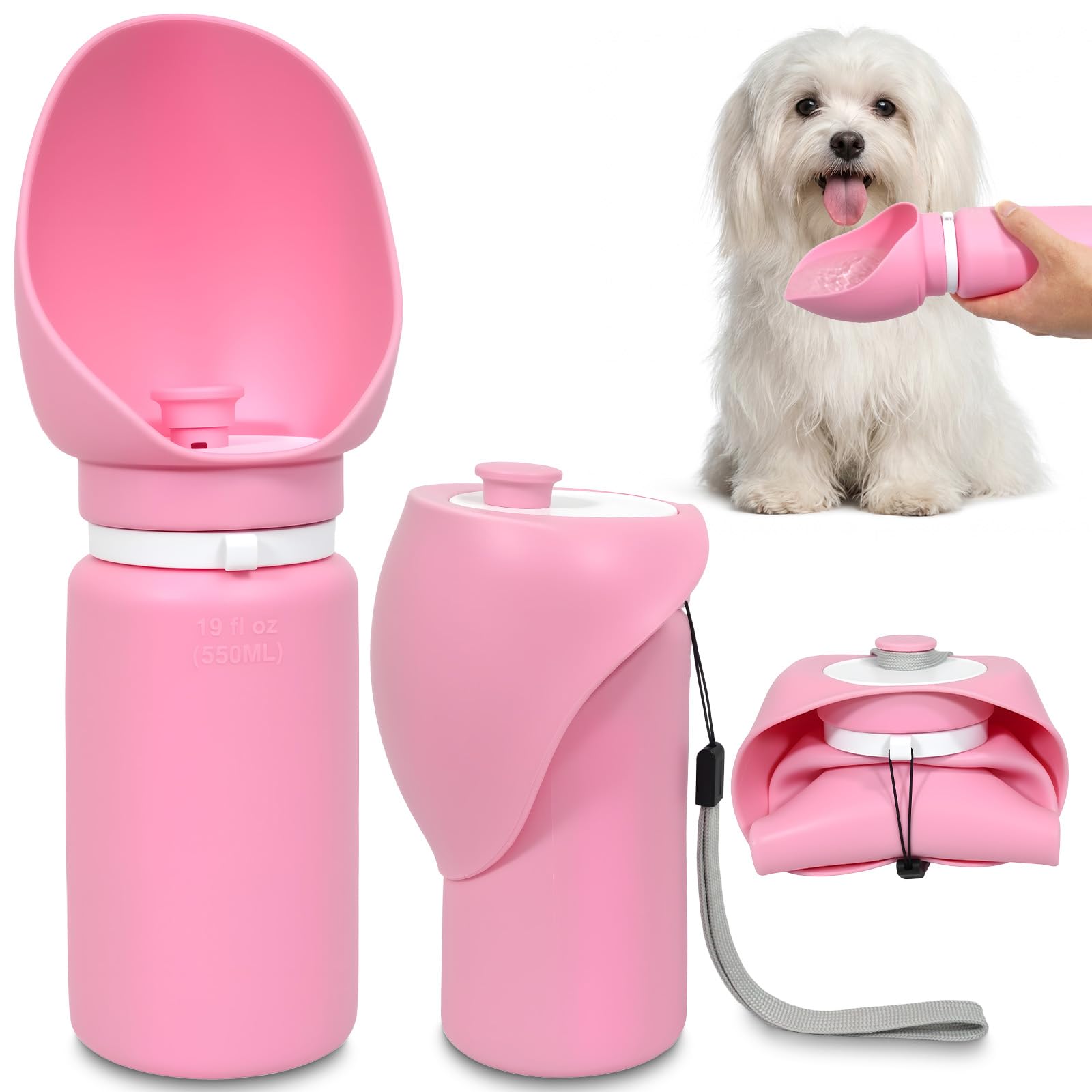 Botella de Agua Plegable para Perros, Bebedero Portátil Perro, Rosa