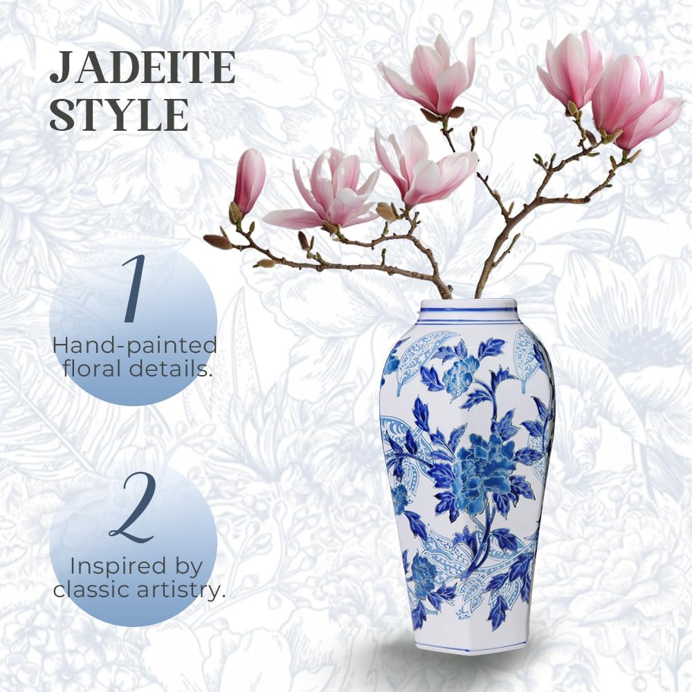 Blue and White Porcelain Vase - 14.6" Hand-Painted Chinoiserie Decor, Vintage Ceramic Vase Gift for Home, Wedding & Mother’s Day