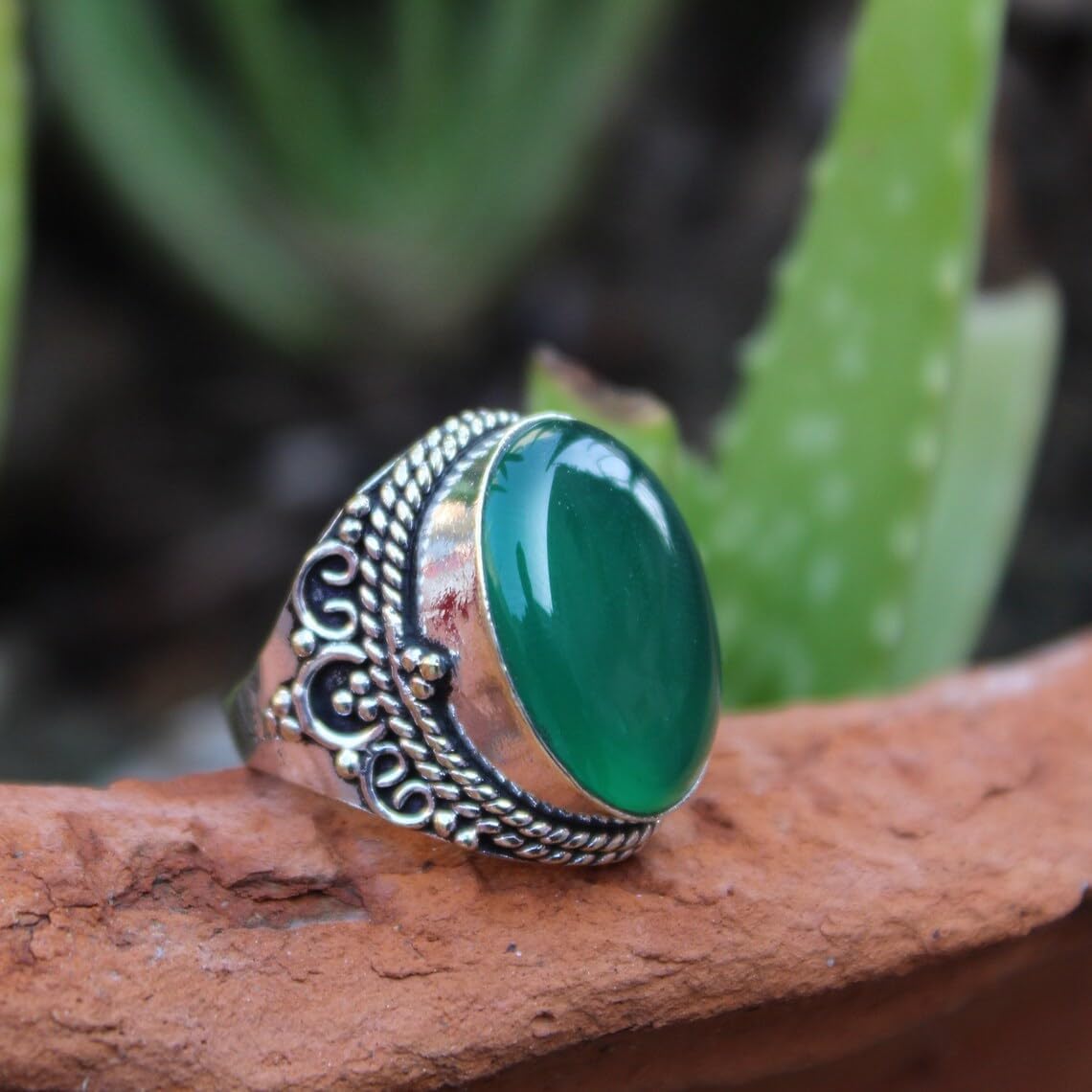 Beautiful Ring With Designer Boho Style With 925 Silver Plated And Natural Green Onyx Stone For And Daily Or Party Wear Ring