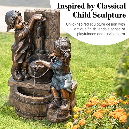 Image of Glitzhome Outdoor Water Fountain with LED Light, Children Playing with Faucet Waterfall Fountains, Antique Bronze Resin Boy and Girl Statue Outdoor Waterfall Fountain for Patio Backyard Garden, 25 inchH
