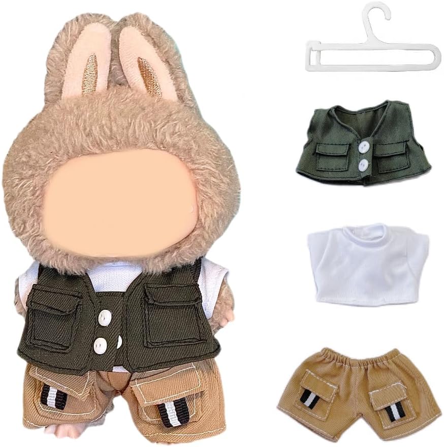 17cm Doll Clothes Set, Cute Dolls Outfit Accessories, White T-Shirt + Dark Green Vest + Brown Jeans + Clothes Hanger (NO Dolls)
