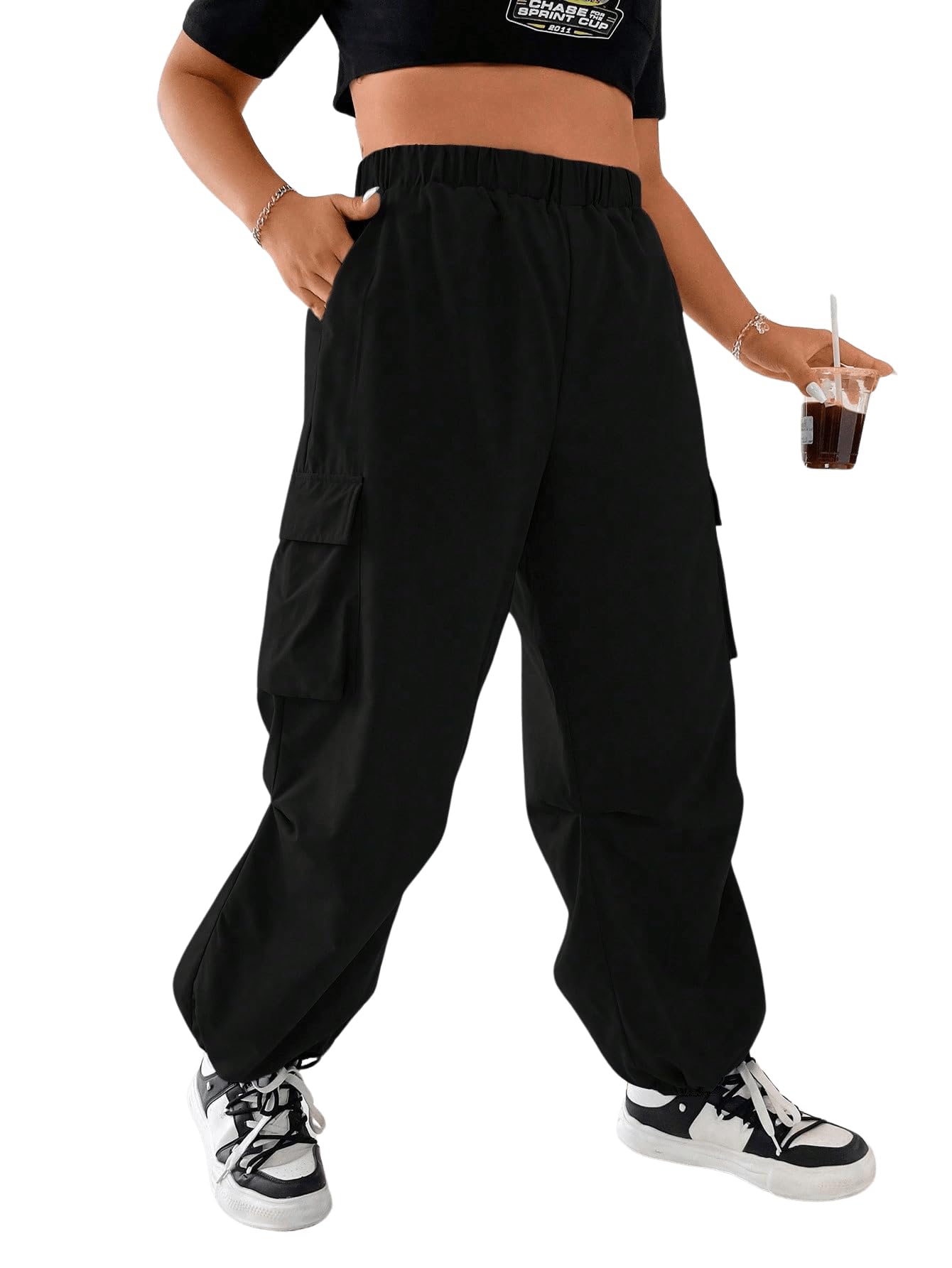 OYOANGLE Women's Plus Size Elastic High Waist Flap Pocket Cargo Pants Streetwear Loose Baggy Trousers with Pocket