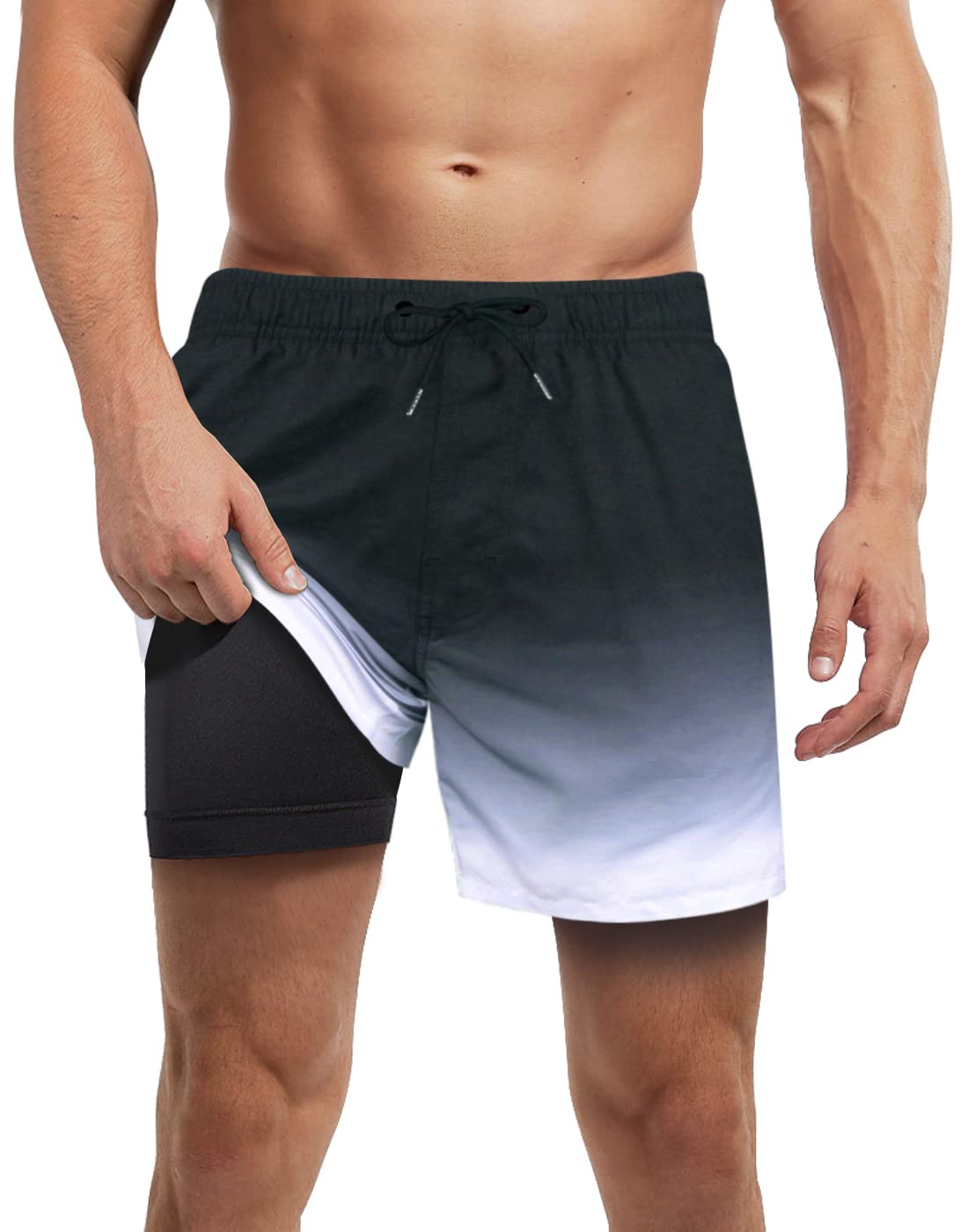 LUCOWEEMens Swim Trunks with Compression Liner no Chafe Boxer Brief Lined Swimming Trunks Quick Dry UPF 50+ Stretchy 5/7 inch Inseam Bathing Suit Shorts