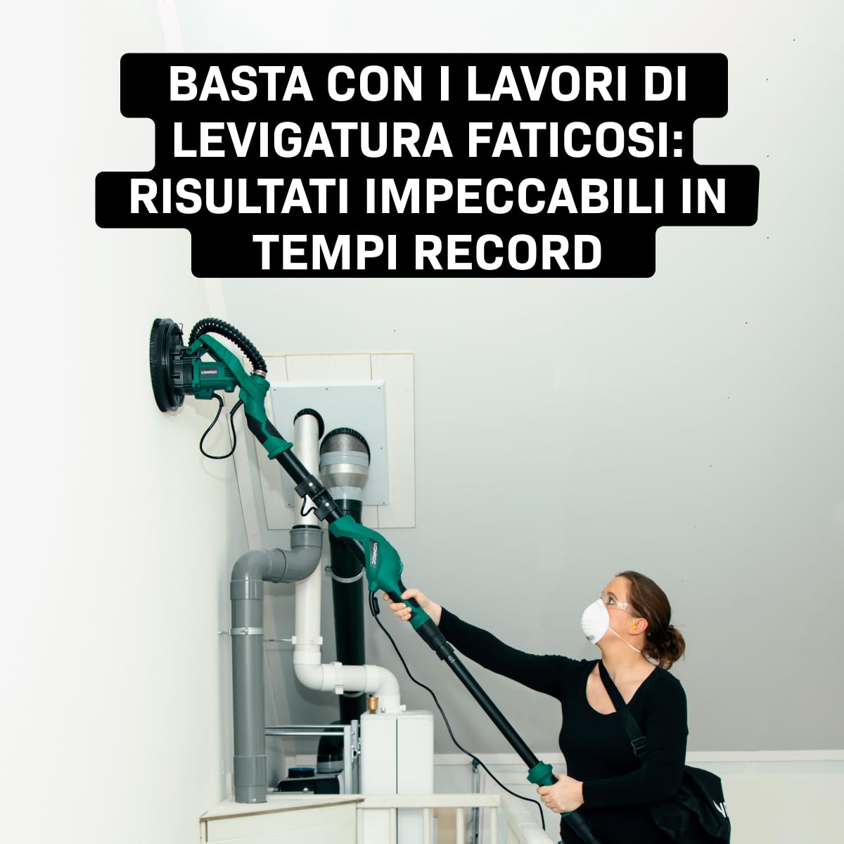 VONROC Levigatrice per Cartongesso Elettrica con Aspirazione – Manico Telescopico – Velocità Variabile – Per Pareti e Soffitti – Ideale per Fai‑da‑Te e Ristrutturazioni Domestiche