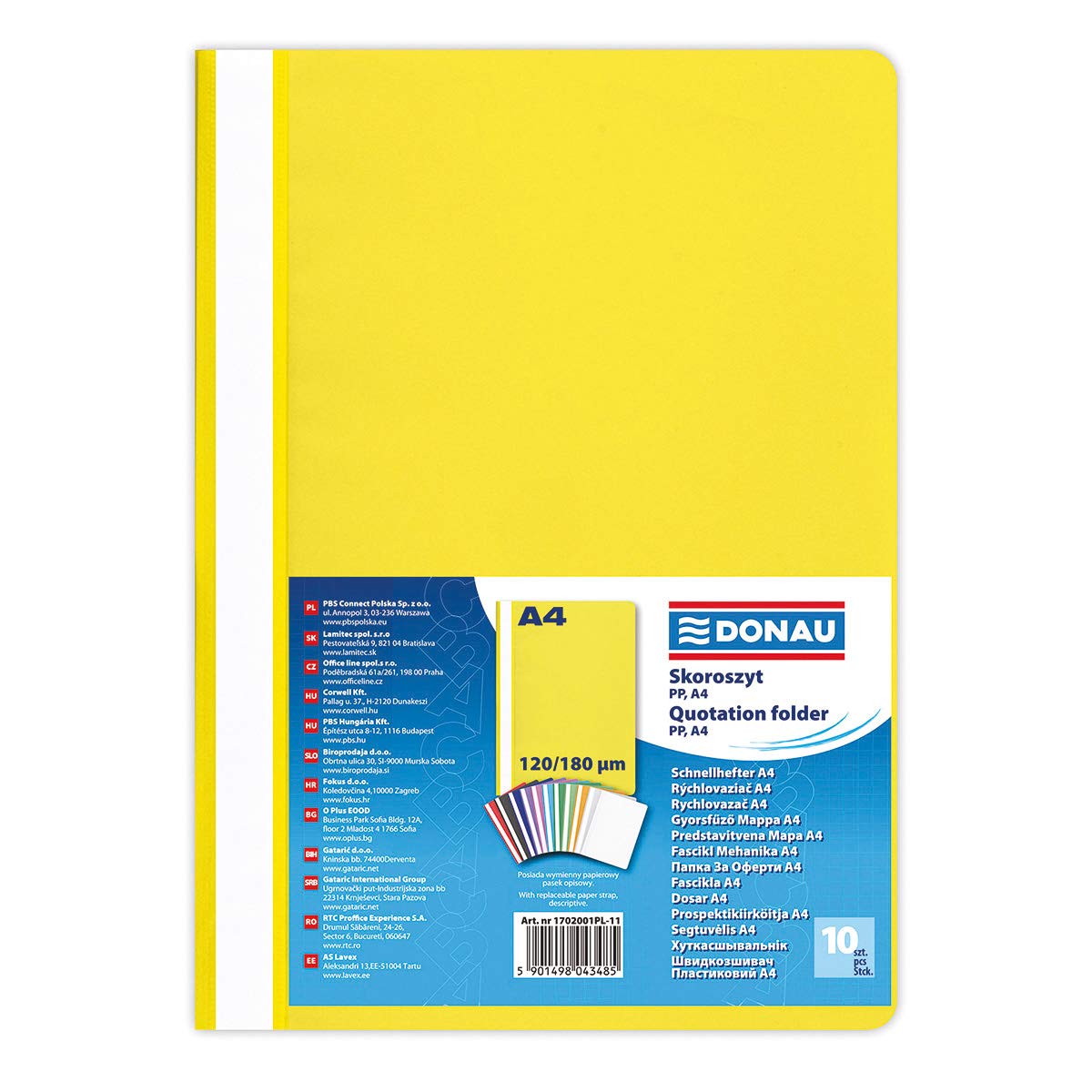 DONAU 1702001PL-11 Plastic File Folder A4 Yellow/Plastic Folder Made of Eco PP Film 120/180 µm with Transparent Cover/for Office and School/Capacity Approx. 200 Sheets | Pack of 10