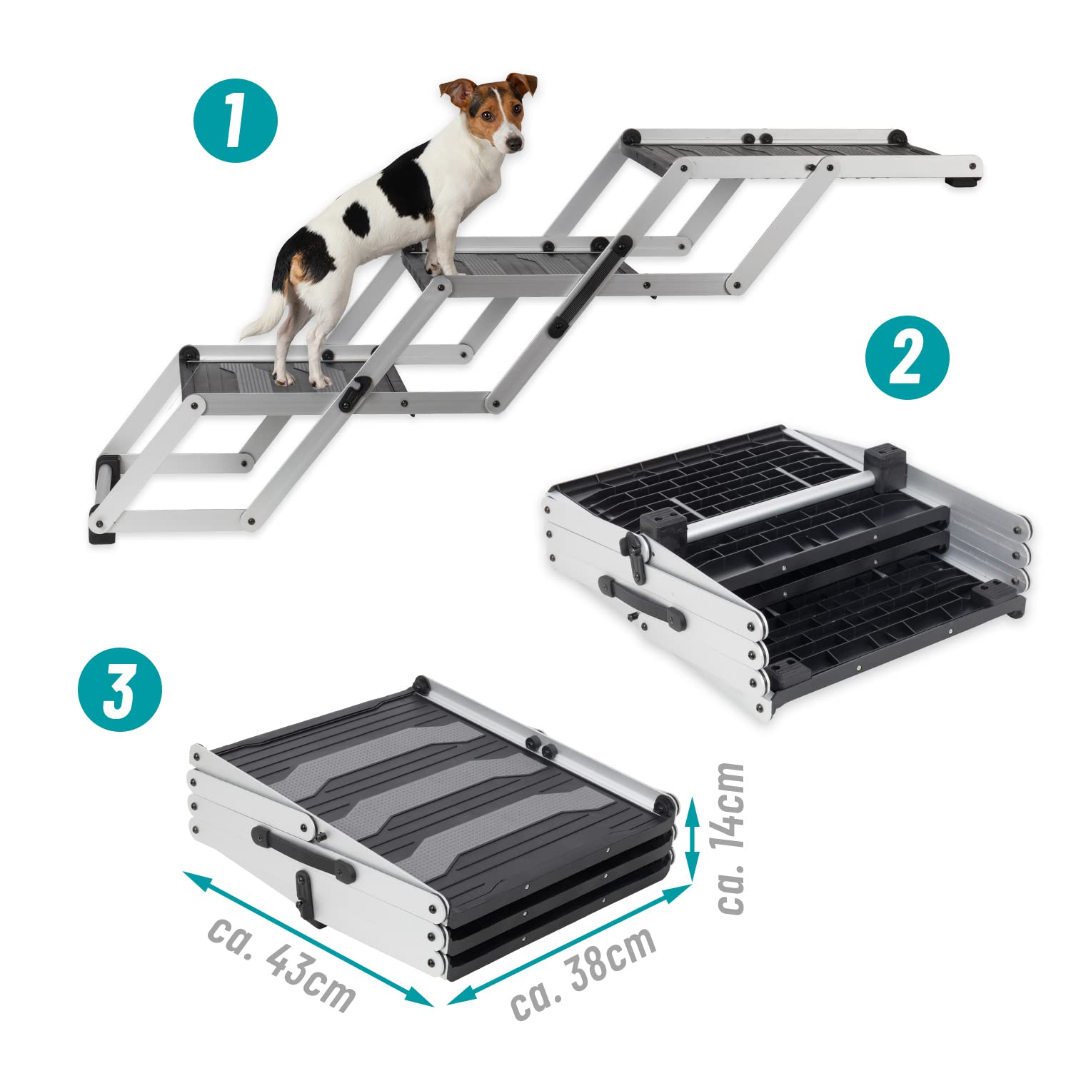 VOSS.PET Faltbare Hundetreppe, 3-stufige Kofferraumtreppe, Gelenkschonende Auto-Treppe, Einstiegshilfe für Hunde aus Aluminium mit Schutzmatte
