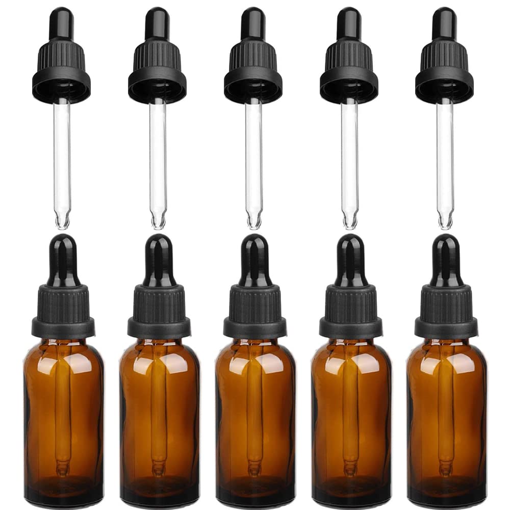 SKYPRO ye Dropper bottle for Essential Oils, 5 Pack 15ml Amber Glass Bottles with Glass Eye Droppers, and 5Pcs Replacement Dropper