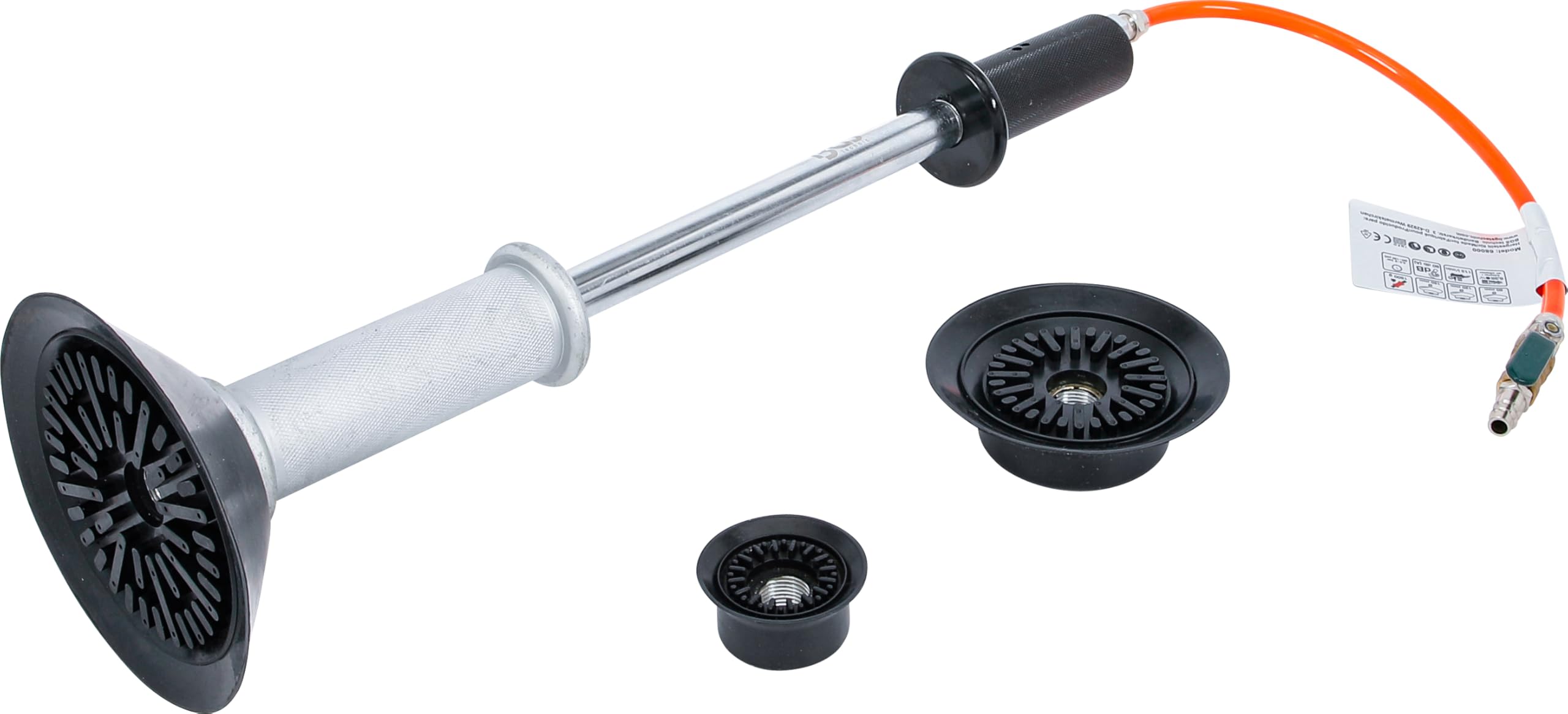 BGS 68000 | Martillo neumático para quitar abolladuras | 1,4 kg | 3 cabezales de succión Ø 60, 120, 150 mm | Presión de trabajo 6,3 hasta 10,3 bar | Longitud 620 mm