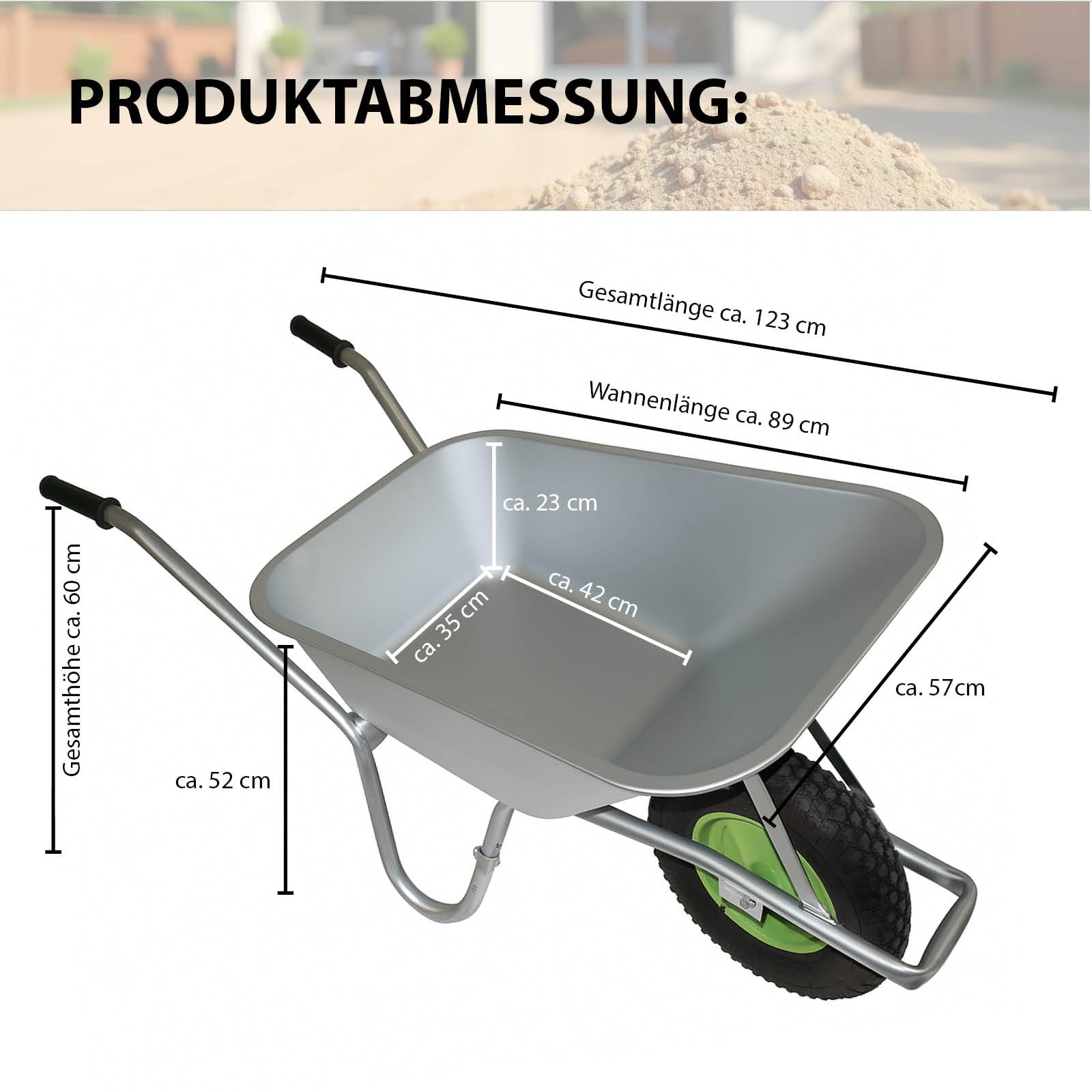 TRUTZHOLM Schubkarre 100 Liter verzinkter Stahl 250 kg Tragkraft Luftrad auf Stahlfelge Bauschubkarre Gartenkarre Schiebkarre leicht handlich 0,9 cm Starke Stahlwanne