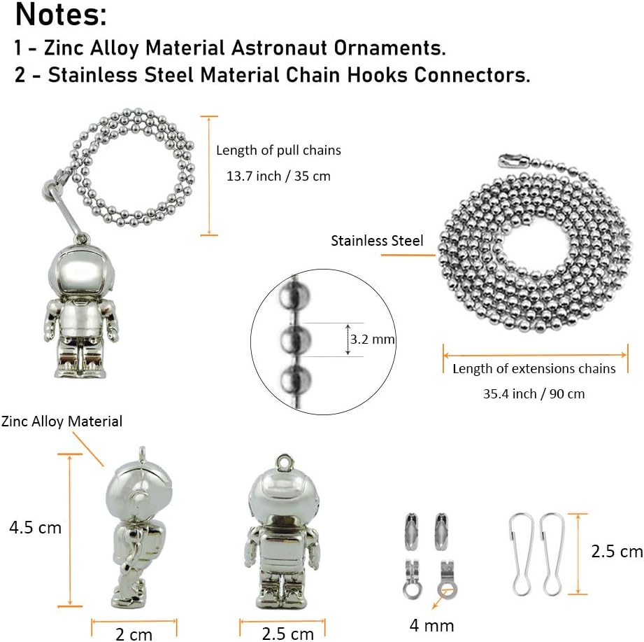 Pull String Ceiling Fan Light Extender Chain, Stainless Steel Extension Ball Bead Replacement, Cute Astronaut Spacemen Hanging Ornaments for Lamp Fixture Kids Bedroom Space Decor