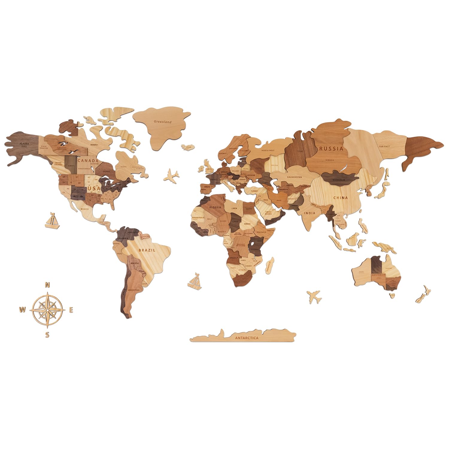 Creawoo Mapa del Mundo 3D de Madera para Decoración de Pared, Grande Mapamundi Maciza Natural Multicapa Arte de Pared para Oficina Sala de Estar Dormitorio, Mapamundi de Viaje de Madera-100x57cm