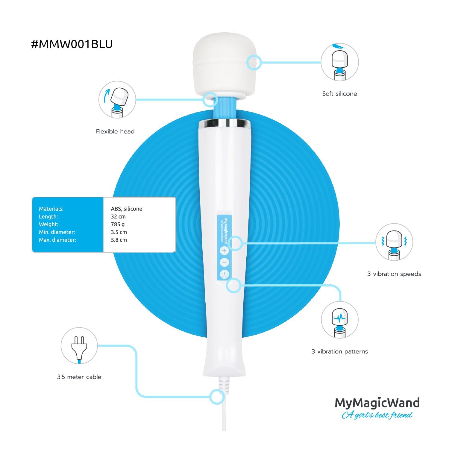My Magic Wand (6 livelli di vibrazione) Massager per donne - massaggiatore, motore potente e estremamente silenzioso, massaggiatore muscolare, massaggiatore più forte in Europa - blu