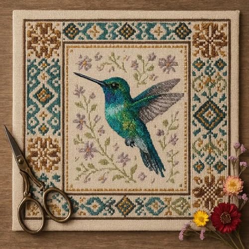 Hummingbird Cross Stitch Kit with Floral Pattern, Cardinal Cross Stitch Kit Personalized Bird Embroidery Kit for Adults Beginners, DIY Needlepoint Home Wall Art Decoration Gift(Hummingbird,Stamped)