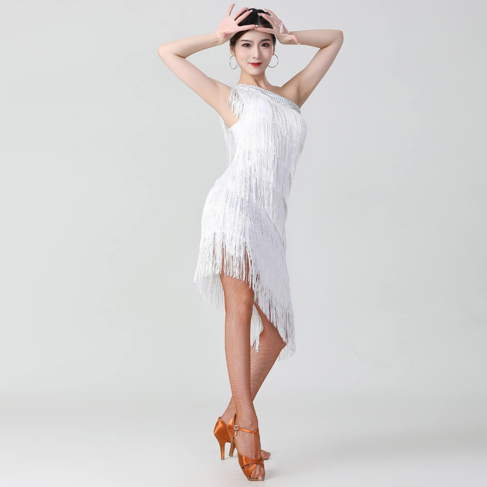 Tanzkleid Damen Latein, Eine Schulter Fransen Kleider, 1920s Samba KostüM Salsa Cha Cha Tango Rumba Flapper Kleid,Weiß