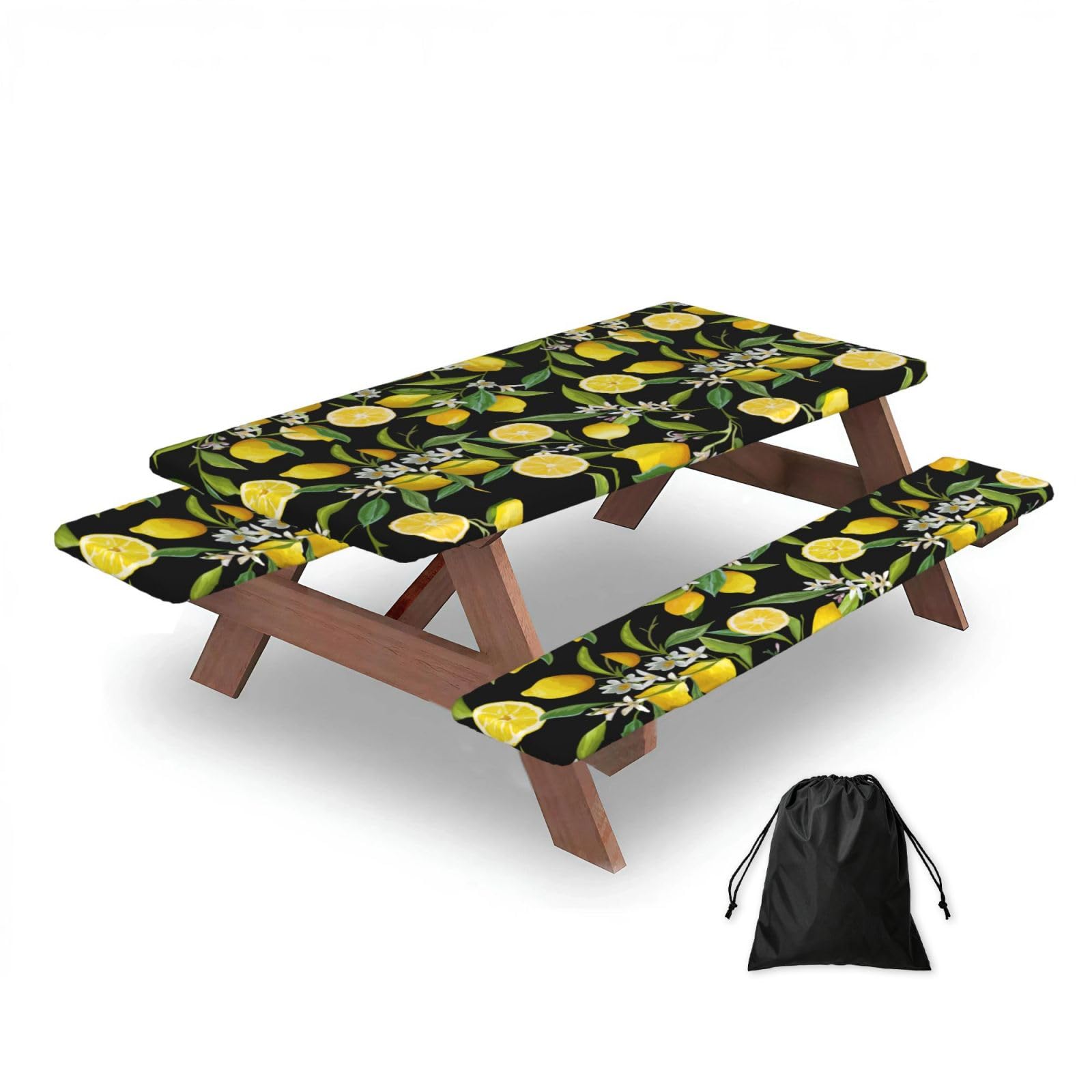 Dopklna As Picture Yellow Lemon, Picnic Table Cover With Bench Covers -Waterproof Elastic Fitted Tablecloth For Garden Camping Patio 76X152cm