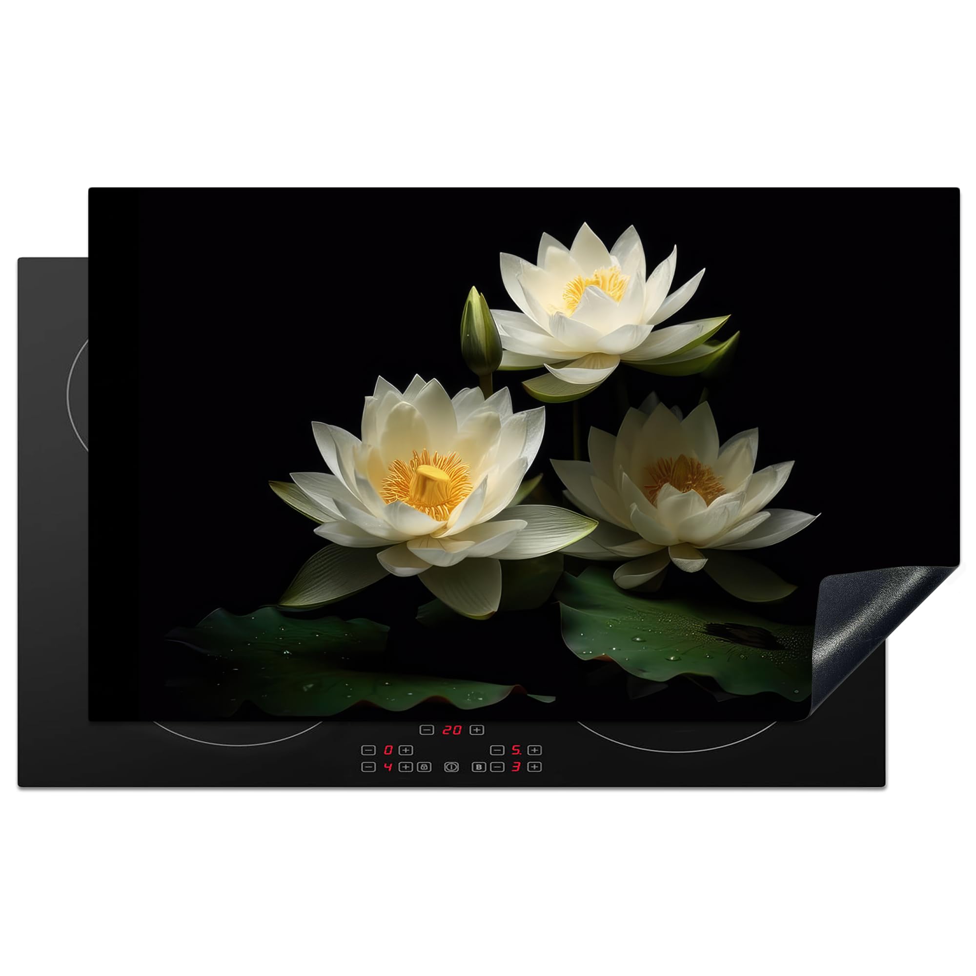 KitchenYeah© Induction Hob Cover Protector Mat 20.3"x32.7" / 83x51.5 cm Kitchen Universal Ceramic Covers for Electric Cookers Vinyl Lotus - Flowers - White - Nature - Black