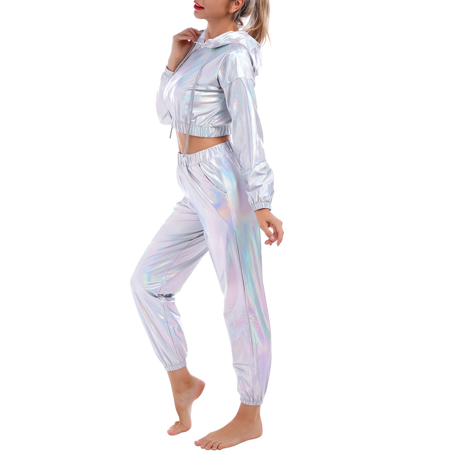 Odizli Jogginganzug Damen Set Langarm Kapuzen Glitzer Metallic Crop Top+Jogginghose 2tlg Trainingsanzug