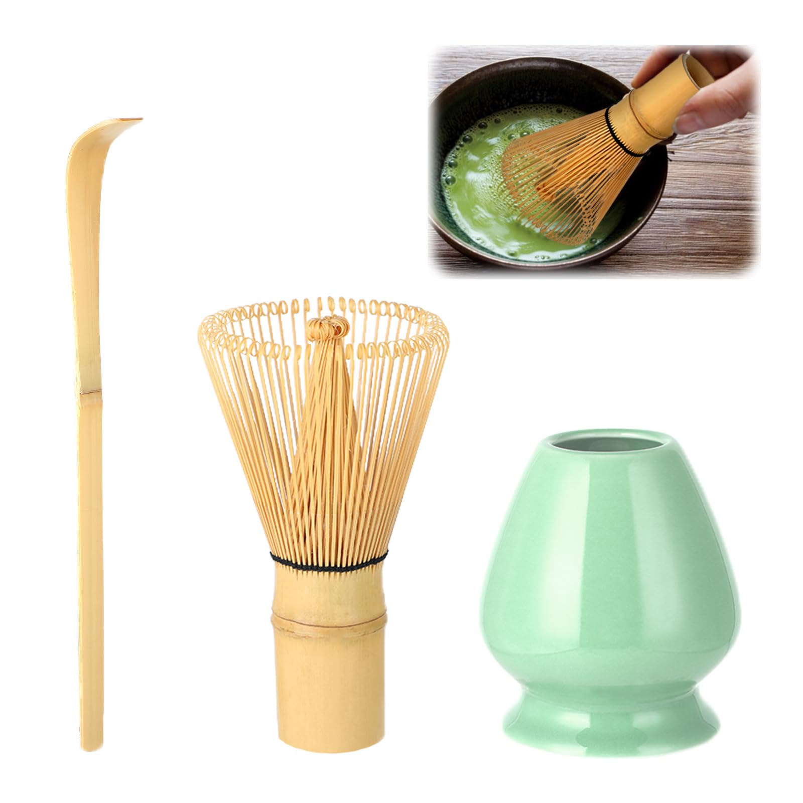 Wenrescry Set de Té Matcha, Batidor de Bambú de 80 Dientes, Artesanía Japonesa Tradicional, Batidor para Té Verde y Bebidas en Polvo, Set de 3 Piezas, Fácil de Limpiar Wenrescry Set de Té Matcha