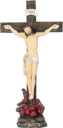 KI Store Figura de estatua de cruz de Jesús crucifijo de 15 pulgadas, Jesucristo clavado en la cruz con rosa roja, exhibición religiosa de resina