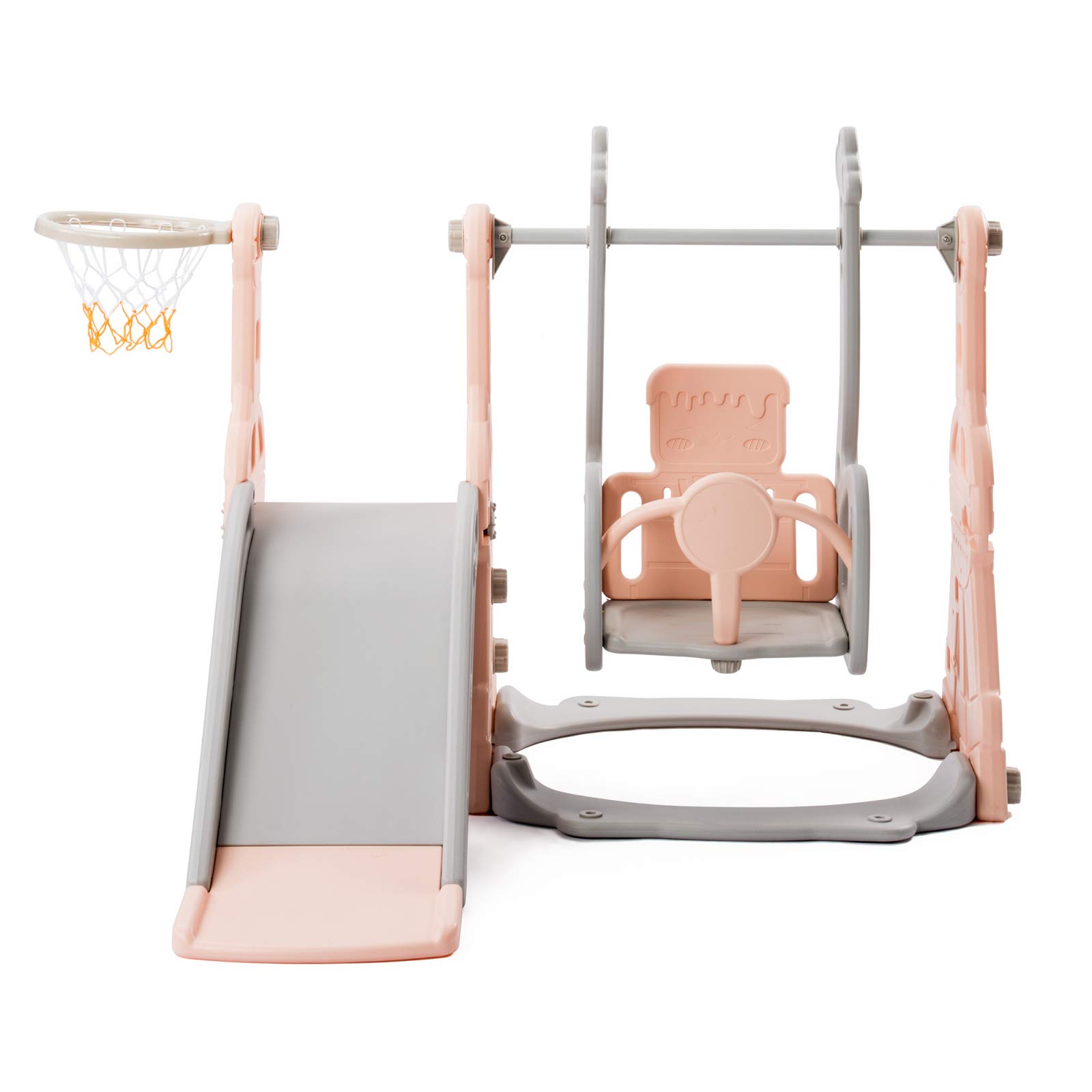 4 en 1 Toboggan pour Enfant 1-6 Ans avec Panier de Basket, Enfants Balançoire Toboggan autoportant, échelle d'escalade, Toboggans pour l'extérieur et l'intérieur, Rose