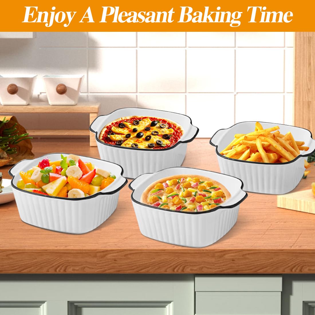 Lot de 4 plats à gratin carrés en céramique - 14,5 x 11,5 x 5,5 cm - Avec poignées - Empilables - Pour friteuse, four et micro-ondes - 400 ml