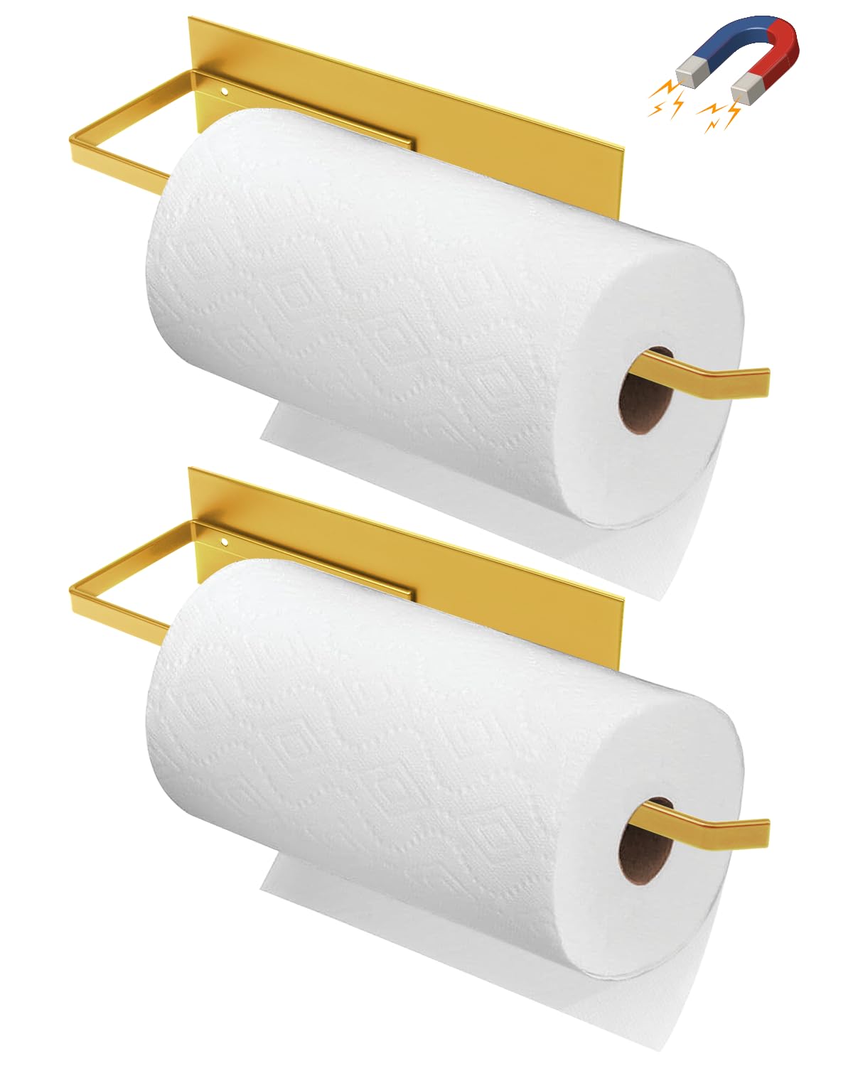 Paper Towel Holder, Magnetic Paper Towel Holder for Fridge, Toilet Paper Roll Holder Magnet Paper Towel Rack Wall Mount Fridge Organizer for Towels Rolls Bathroom Pantry RV Kitchen Gold, 2Pack