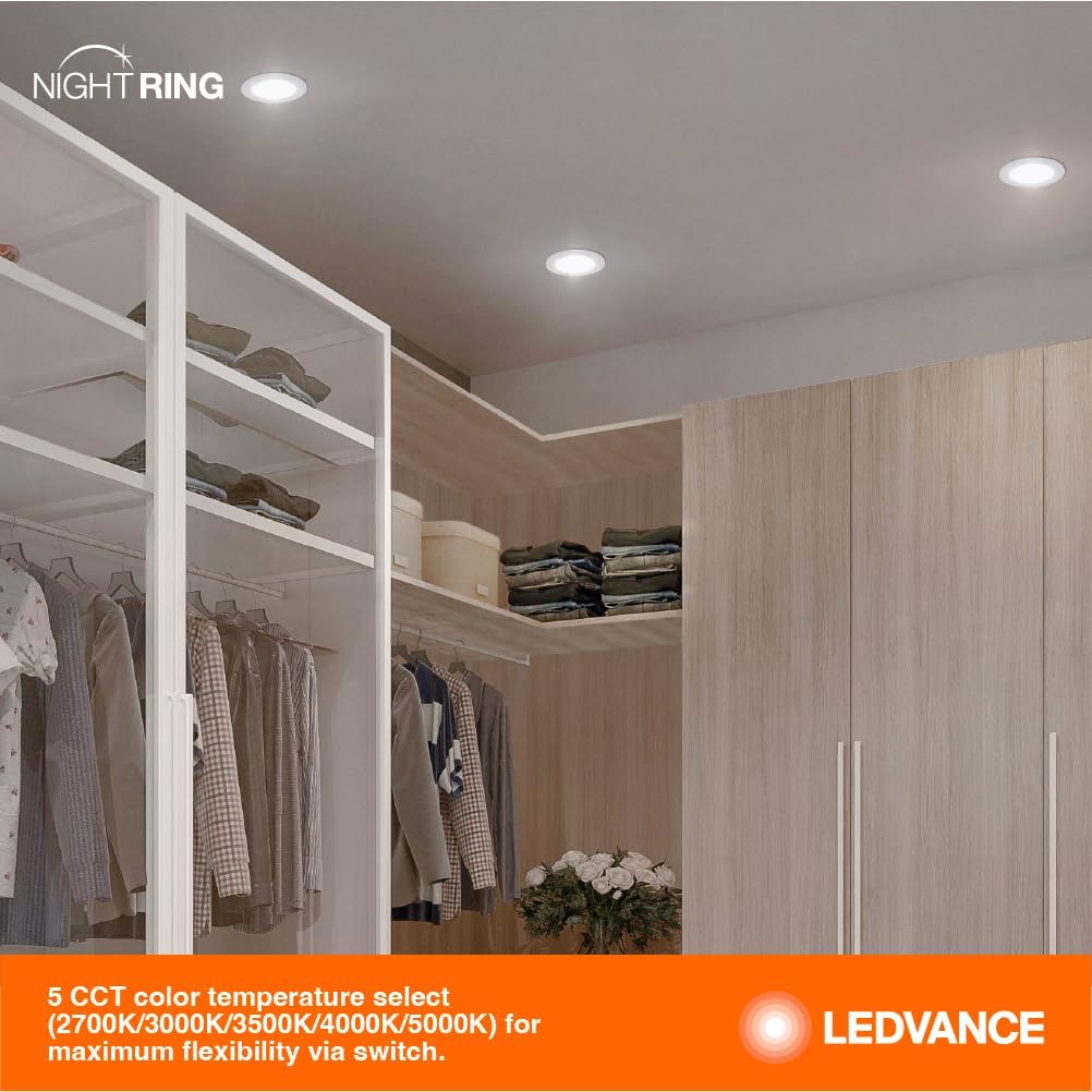 LEDVANCE Night Ring Downlights installed in a closet, providing bright illumination.