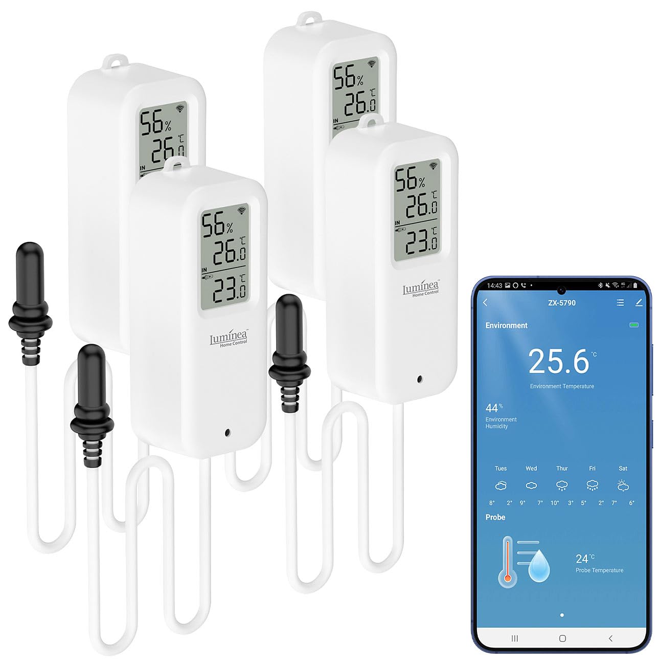 Luminea Home Control Sensoren: 4er-Set WLAN-Temperatur-/Luftfeuchtigkeitsmesser, innen/außen, App (WLAN Smart Thermometer Hygrometer, Thermometer mit Fühler, Klima)