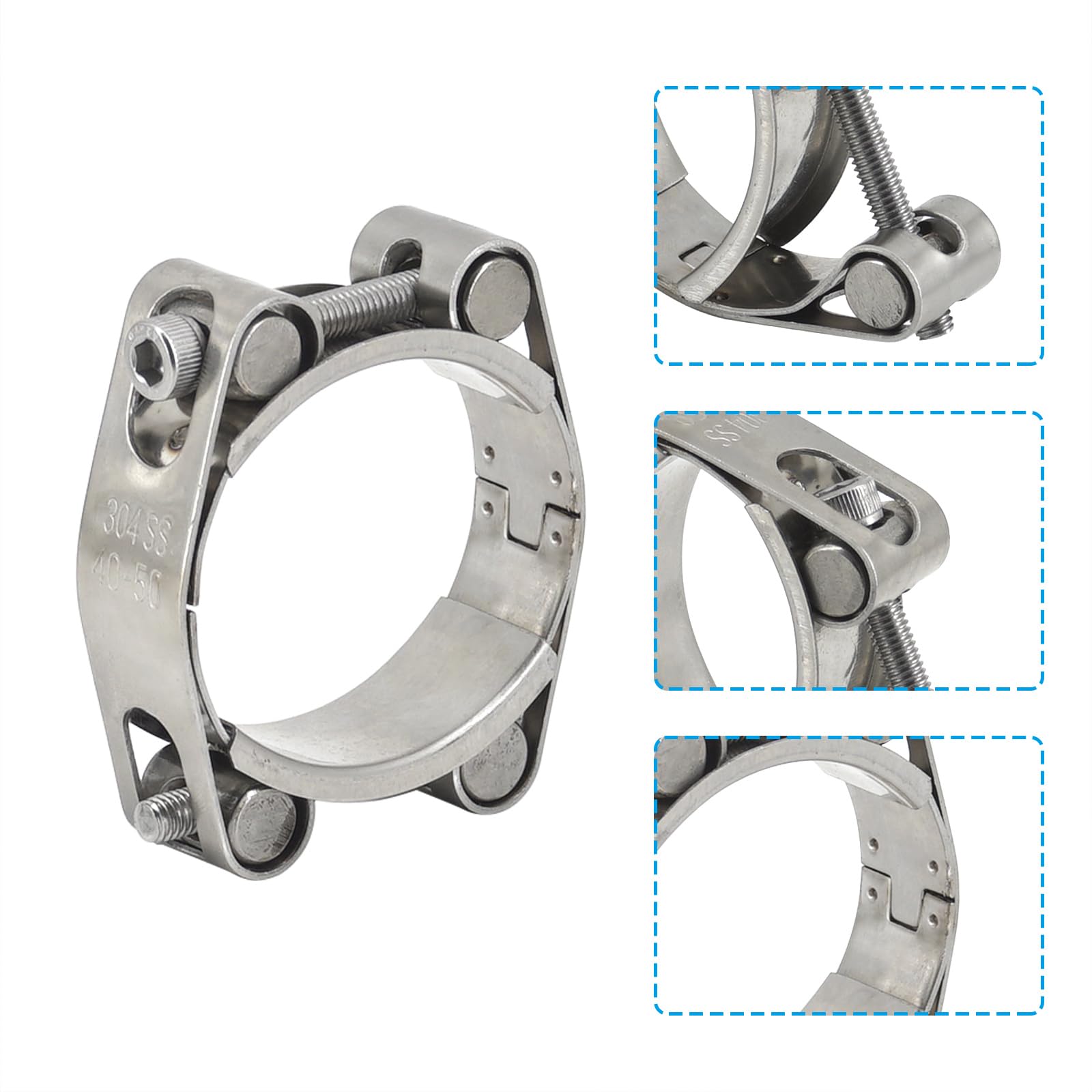 Schlauchschellen, 45–55 mm, T-Bolzen, strapazierfähig, verstellbar, 304 Edelstahl, Doppelkopf, doppellagig, 2 Stück