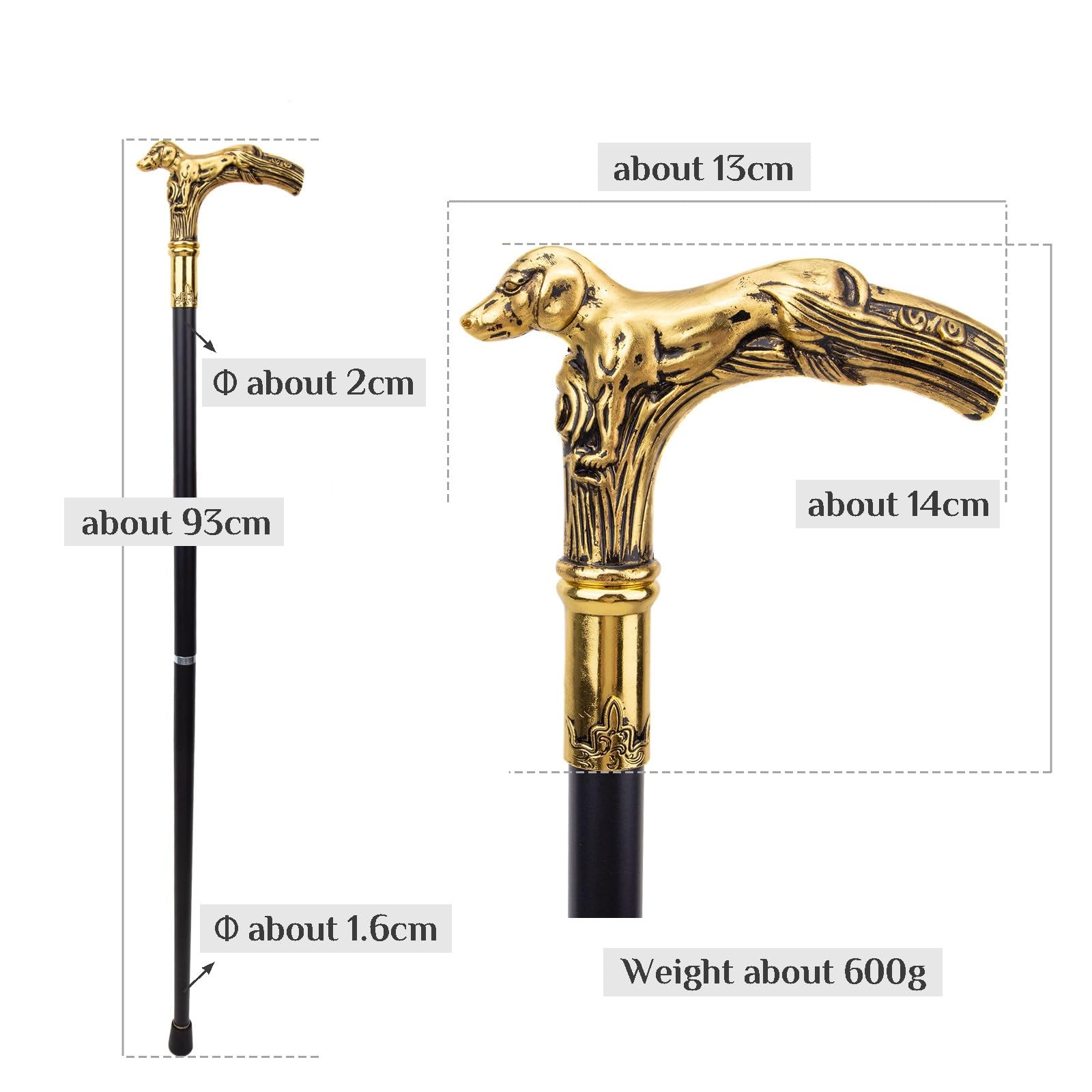Bastón de 93 cm para Hombres, Mujeres y Personas Mayores - Capacidad de 113 kg, Mango Ergonómico Golden Dog, Bastón Plegable de Acero Hecho a Mano