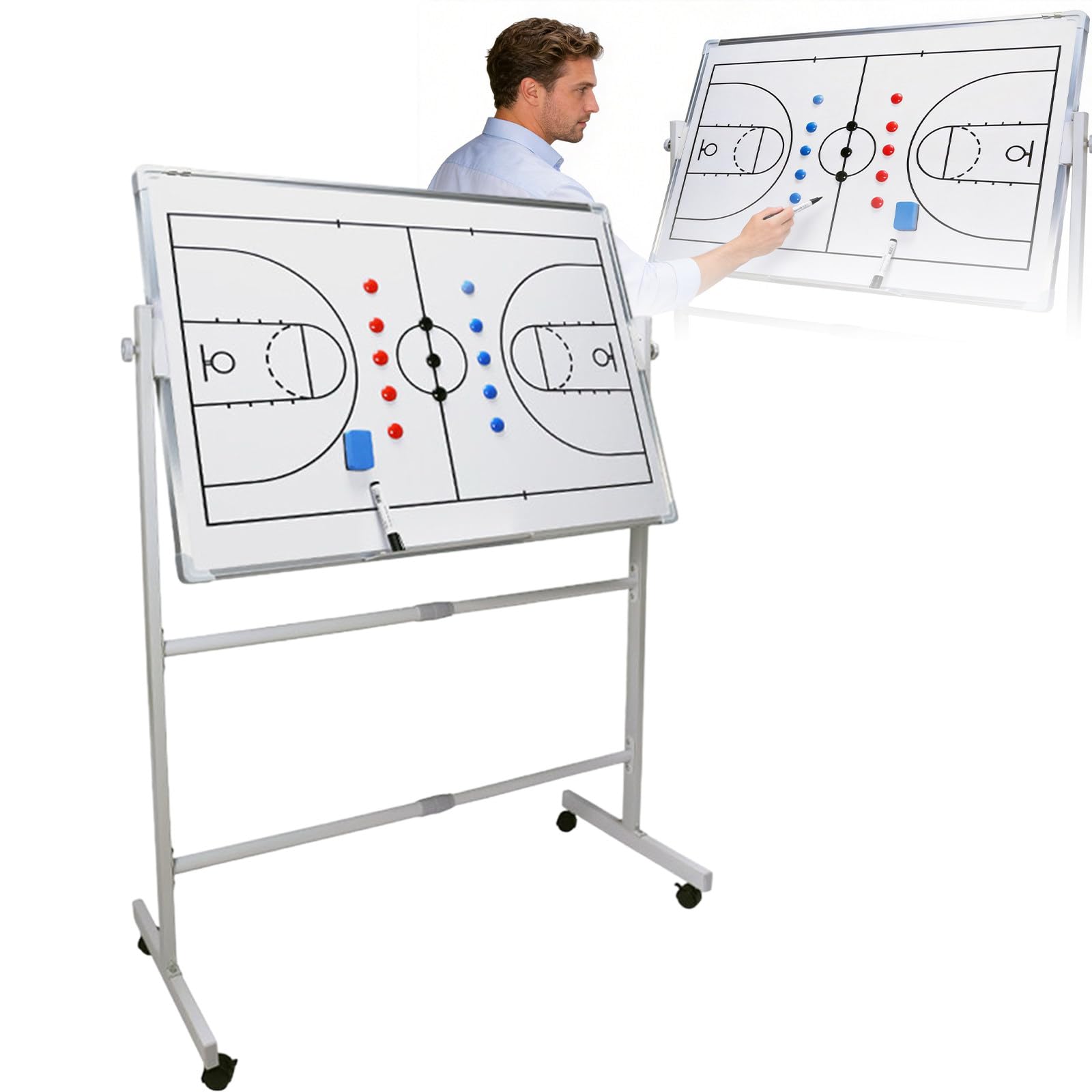 Wangyingxu 47''x35.5'' Double-Sided Whiteboards on Wheels for Coaching, Dry-Erase Board with Magnetic Markers and Eraser, For Basketball, Soccer Coaches Basketball