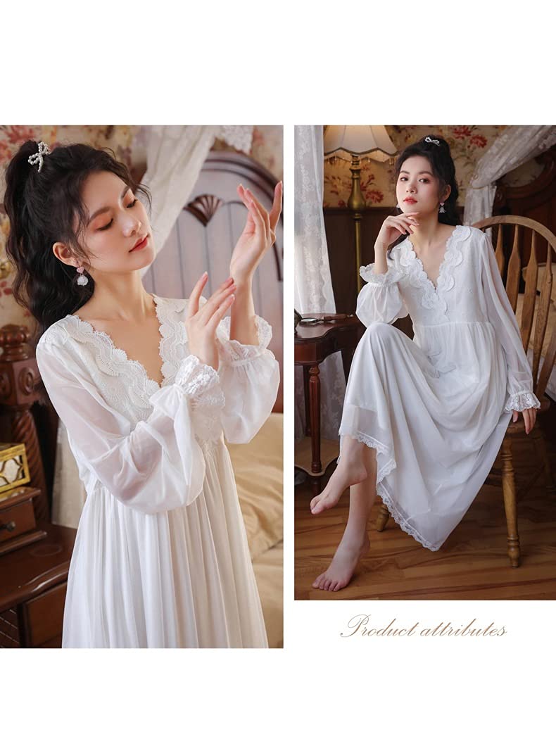 Robe de Nuit Longue en Tulle pour Femme, Style féerique Vintage, Nuisette Romantique d'automne en Dentelle Modale.，White L