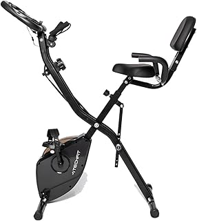 TechFit Bicicleta estática de casa plegable, resistencia magnética, pantalla LCD, respaldo y sillín ajustables, sensor de pulsaciones, soporte para tableta, volante a niveles, ruedas para ahorrar