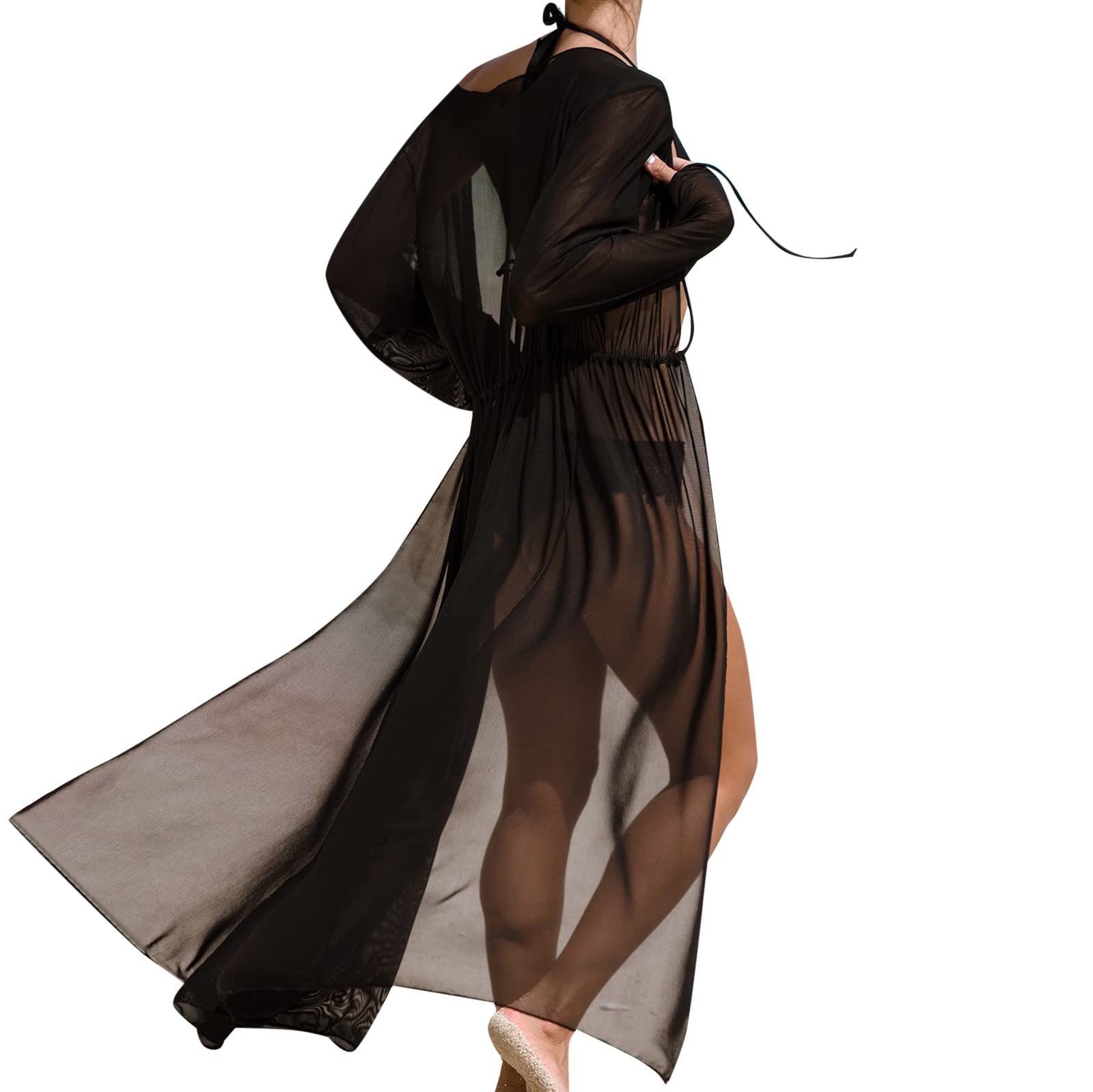 TDEOK Kimono negro largo de gasa kimono cárdigan top suelto bufanda bikini cubierta up poncho de playa vintage encubrirse blusa elegante transparente ligera Pareo vacaciones en la playa