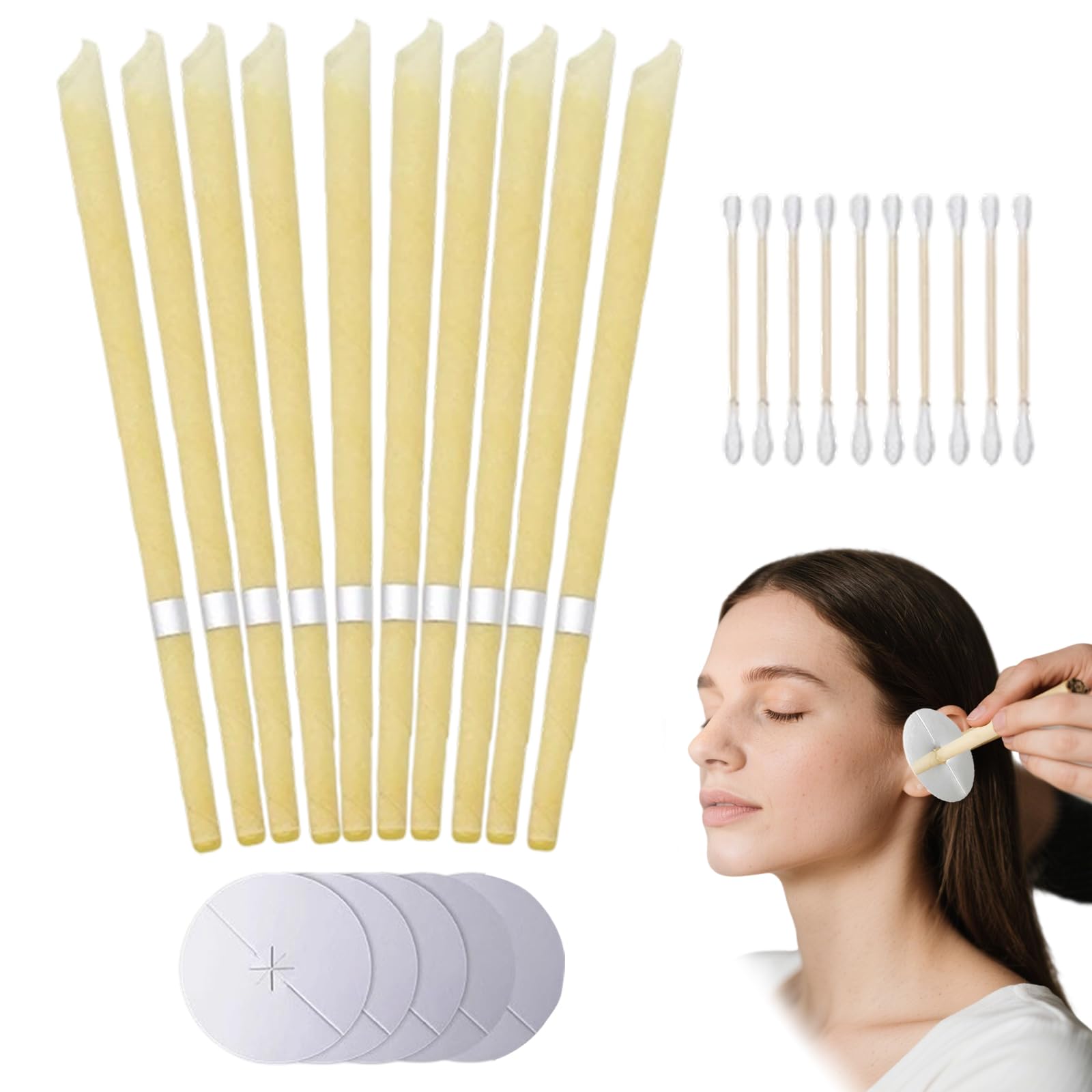 10 Pezzi Candele per orecchie,con cera d'api organica naturale per orecchie bloccate,con 5 Dischi Protettivi per Orecchie Bloccate e 10 pezzi tamponi di cotone