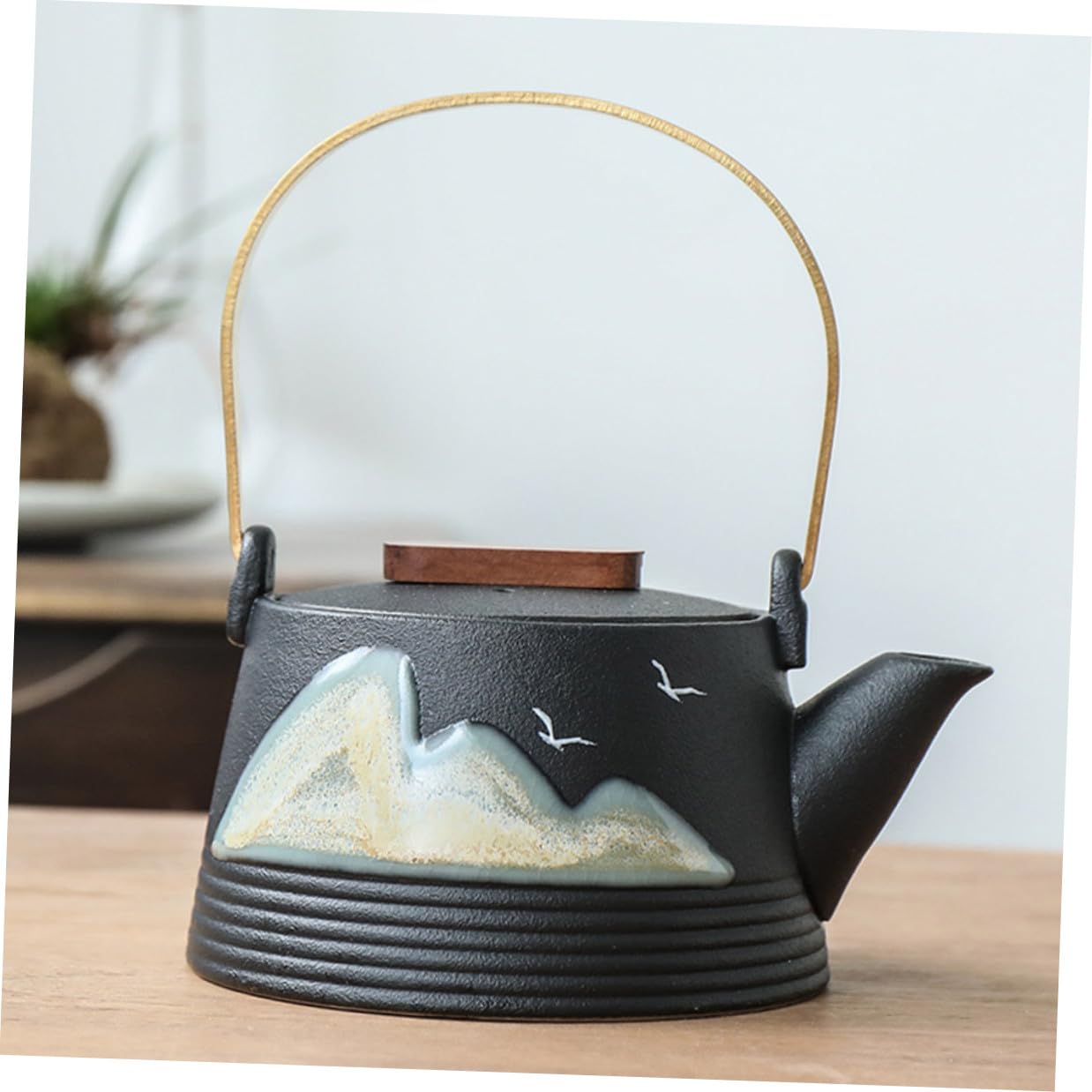 Tetera de Cerámica Pintada a Mano Negra Asa Fría, Pequeña Tetera Creativa para Hogar y Sala de Té Profesional