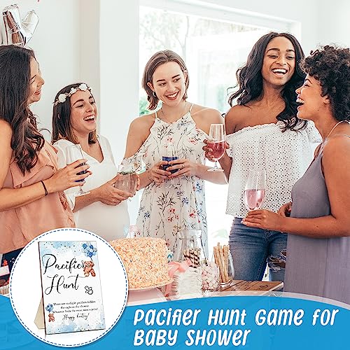 Roowest 51 Pcs Pacifier Hunt Baby Shower Game, Include Wooden Pacifier Hunt Sign Bear Themed Baby Shower Sign Board with 50 Acrylic Baby Pacifiers for Baby Shower Game, Gender Reveal Party (Blue)