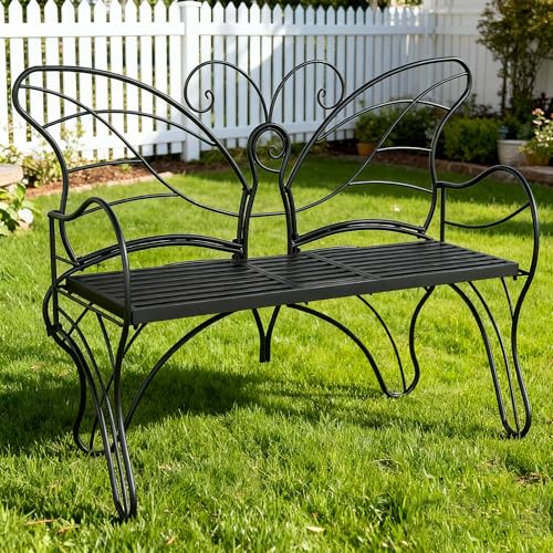 Boweniog Outdoor Bench Patio Outdoor Garden Bench with Built-in Table Butterfly Bench for Outside 3 People Outdoor Bench Garden Bench Front Porch Furniture (Black 49.2inch)