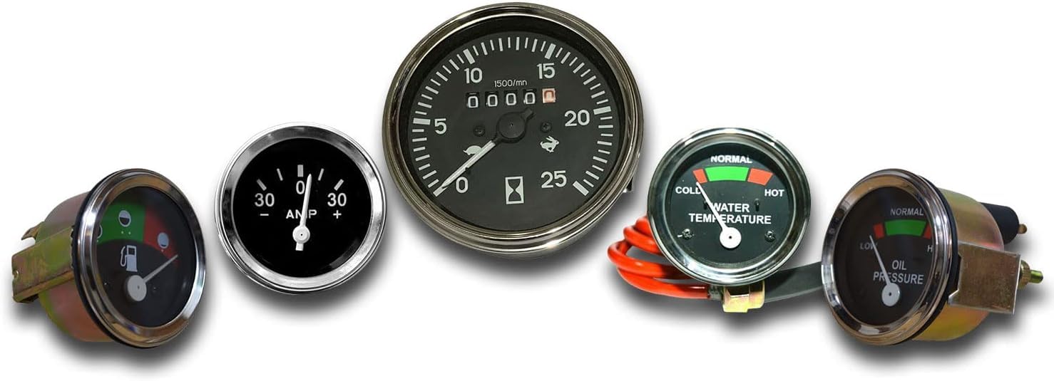5-Piece Tractor Gauge Set Compatible with Massey Ferguson MF35 MF50 MF65 MF135 MF150 M165 – Includes Tachometer, Oil Pressure, Fuel, Water Temperature & Ammeter – Direct OEM Replacement 1458875M91