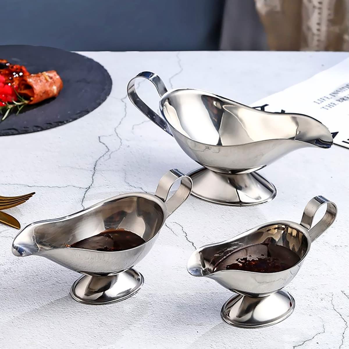 Saucière, ciotola per salsa in acciaio inox con beccuccio antigoccia, 3 misure, argento