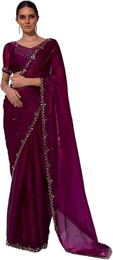 ORHANS Women's Organza Solid Printed Pattern Saree With Sequinned Embellished Border And Art Silk Matching Bouse Piece | S...