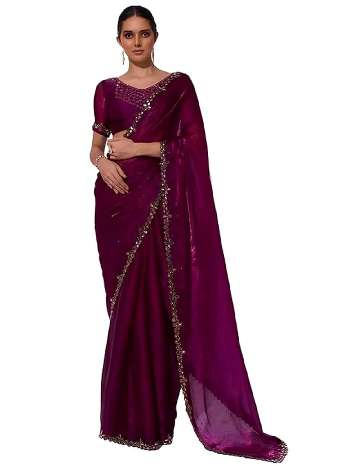 ORHANS Women's Organza Solid Printed Pattern Saree With Sequinned Embellished Border And Art Silk Matching Bouse Piece | S...