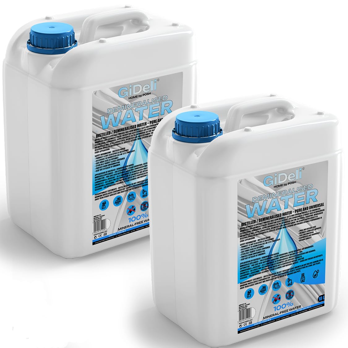 GiDeli Agua desmineralizada 2 x 10L de agua destilada para planchas, baterías, radiadores, humidificadores, acuarios y laboratorios agua sin cal, inodoro, transparente