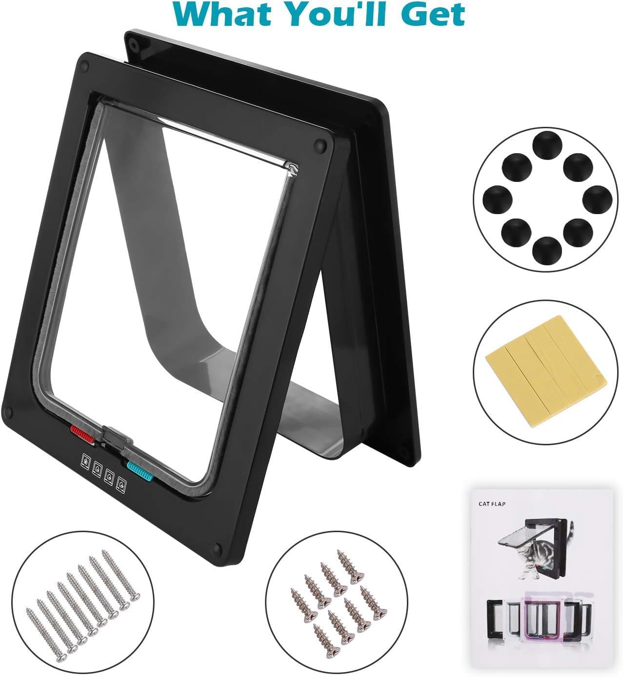 Sailnovo Puerta de Gato XL (tamaño Exterior 24,5 x 28,5 x 5,5 cm), Puerta para Gatos con 4 bloqueos para Puertas Interiores y Exteriores, Resistente a la Intemperie, para Gatos y Perros, Color Negro