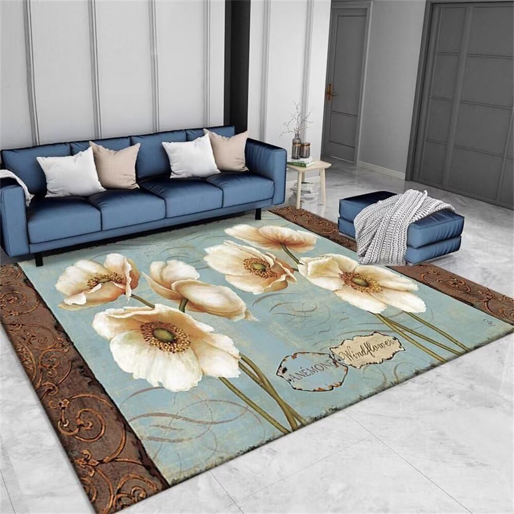 Tapis enfant chambre fille bleu floral pour créer un coin lecture dans le salon
