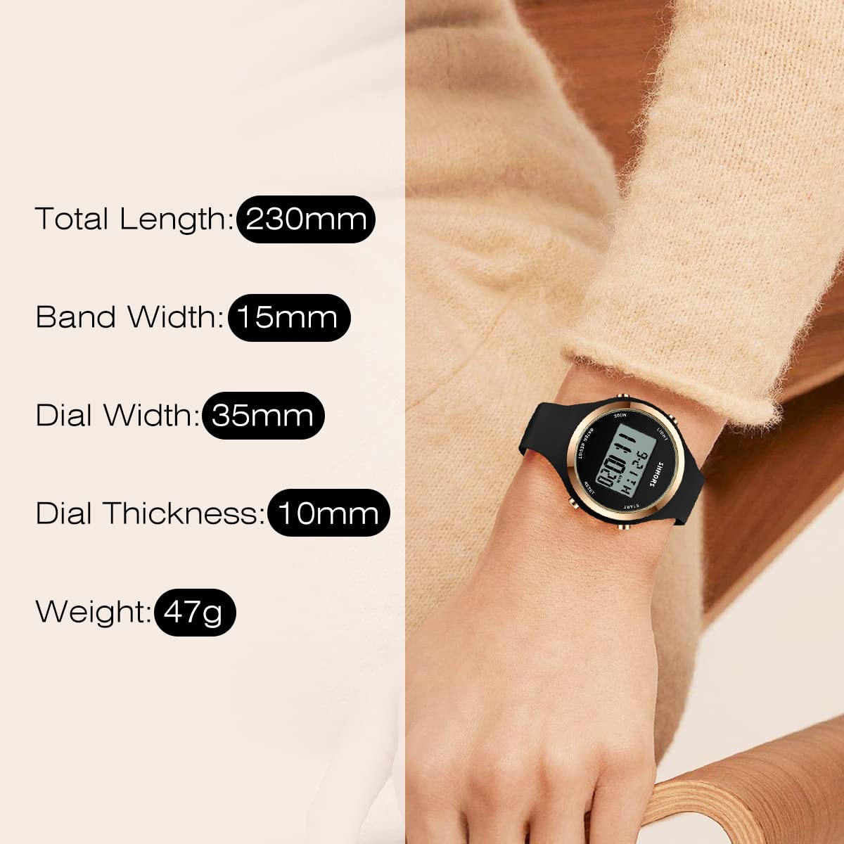 Relojes para mujer 3ATM impermeable al aire libre digital deportivo reloj cronómetro reloj de pulsera con reloj despertador, regalos para mujeres, 02-Negro, Japonés 5
