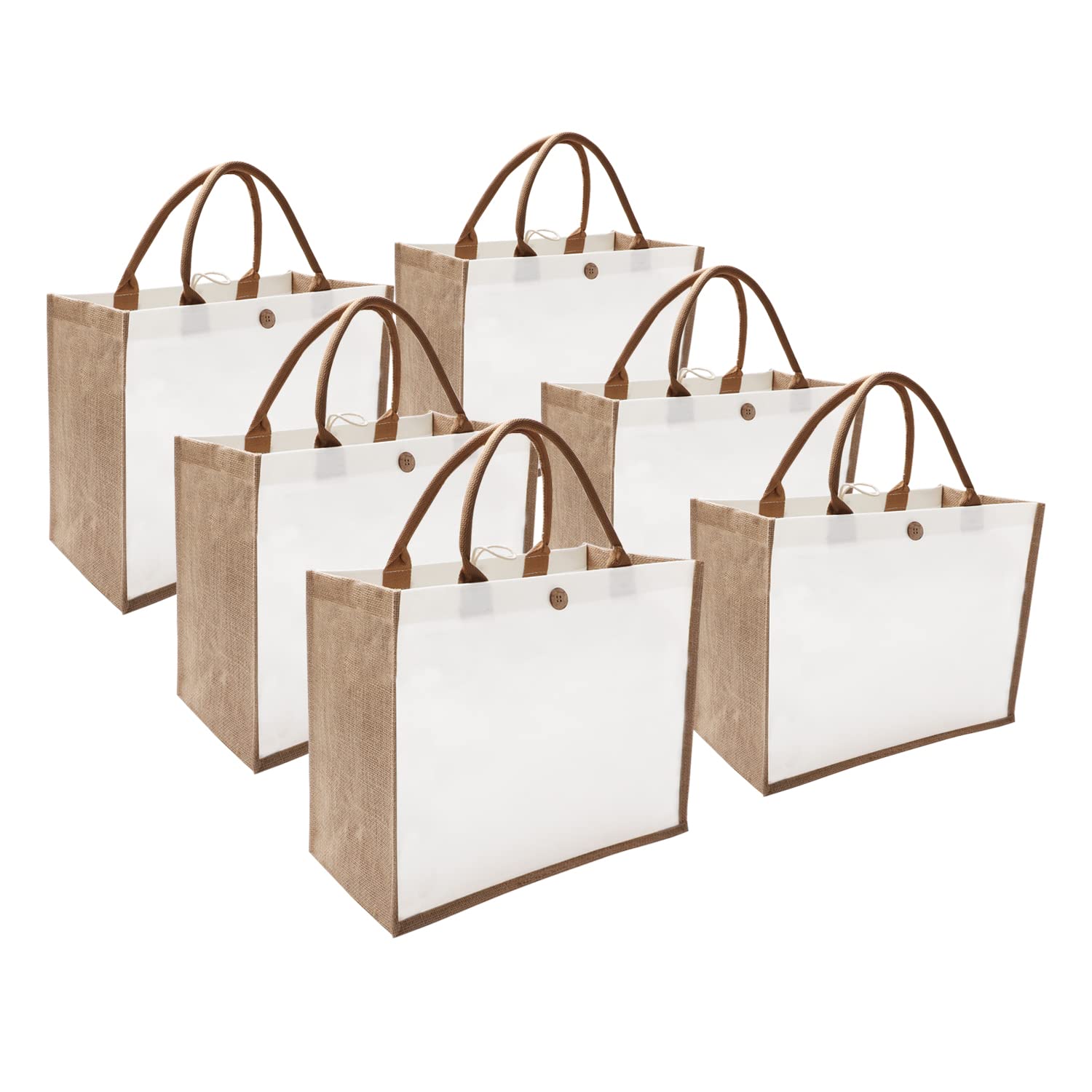 Kaxilu Jute Beach Tote Set of 6 - 16.5 * 7 * 13 Burlap Bags With Button and Handle for Travel, Grocery, Bridesmaid, Wedding, Shopping, Arts and Crafts