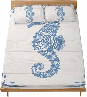 Twin XL Fitted Sheet, Coastal Seahorse Soft Brushed Microfiber Deep Pocket Bed Sheets Set, Underwater Marine Life White Wood Breathable Bottom Sheets with Pillowcase,Fits Mattress Up to 16"
