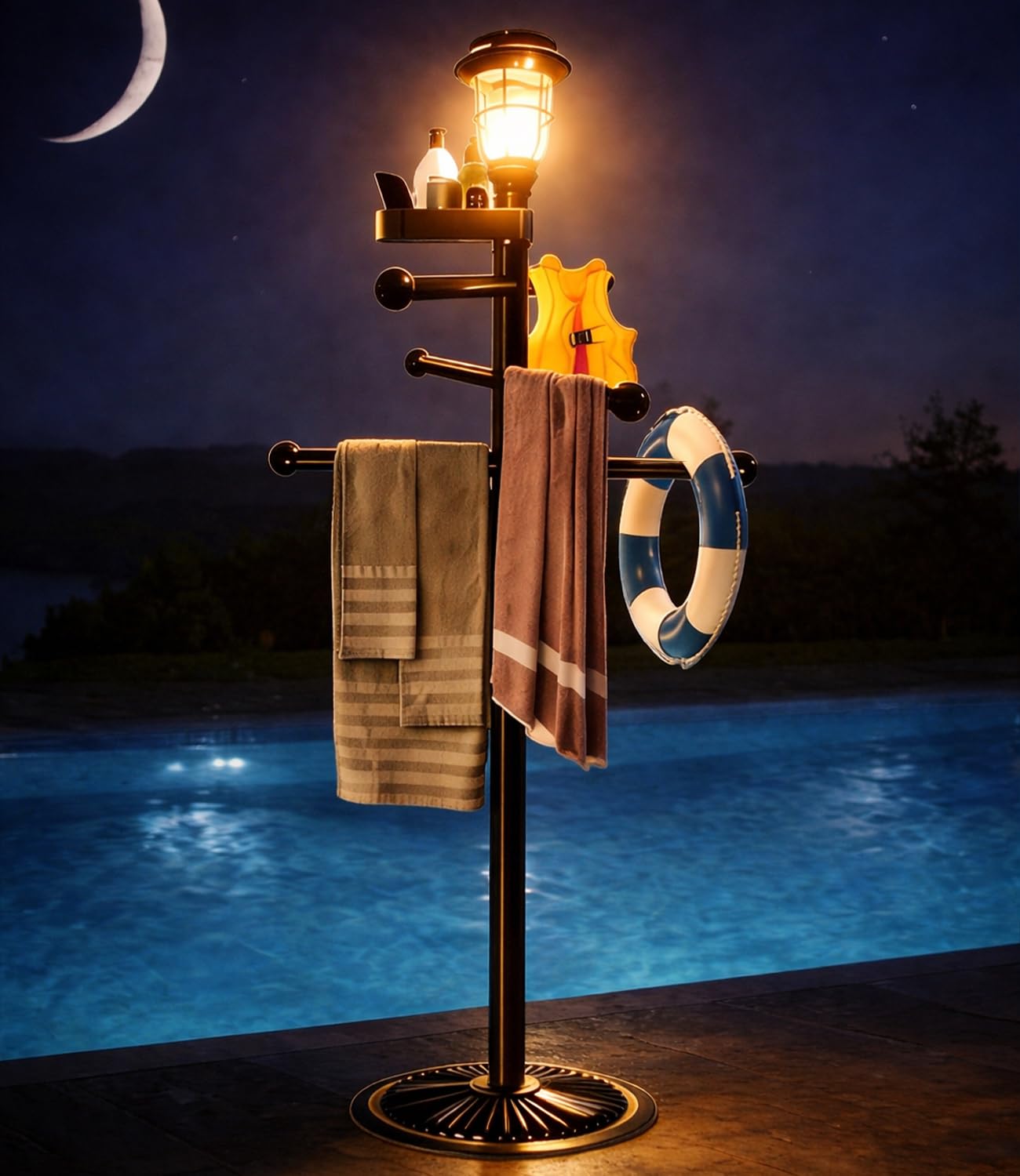 Porte-serviettes de piscine extérieur 3 avec lampe solaire